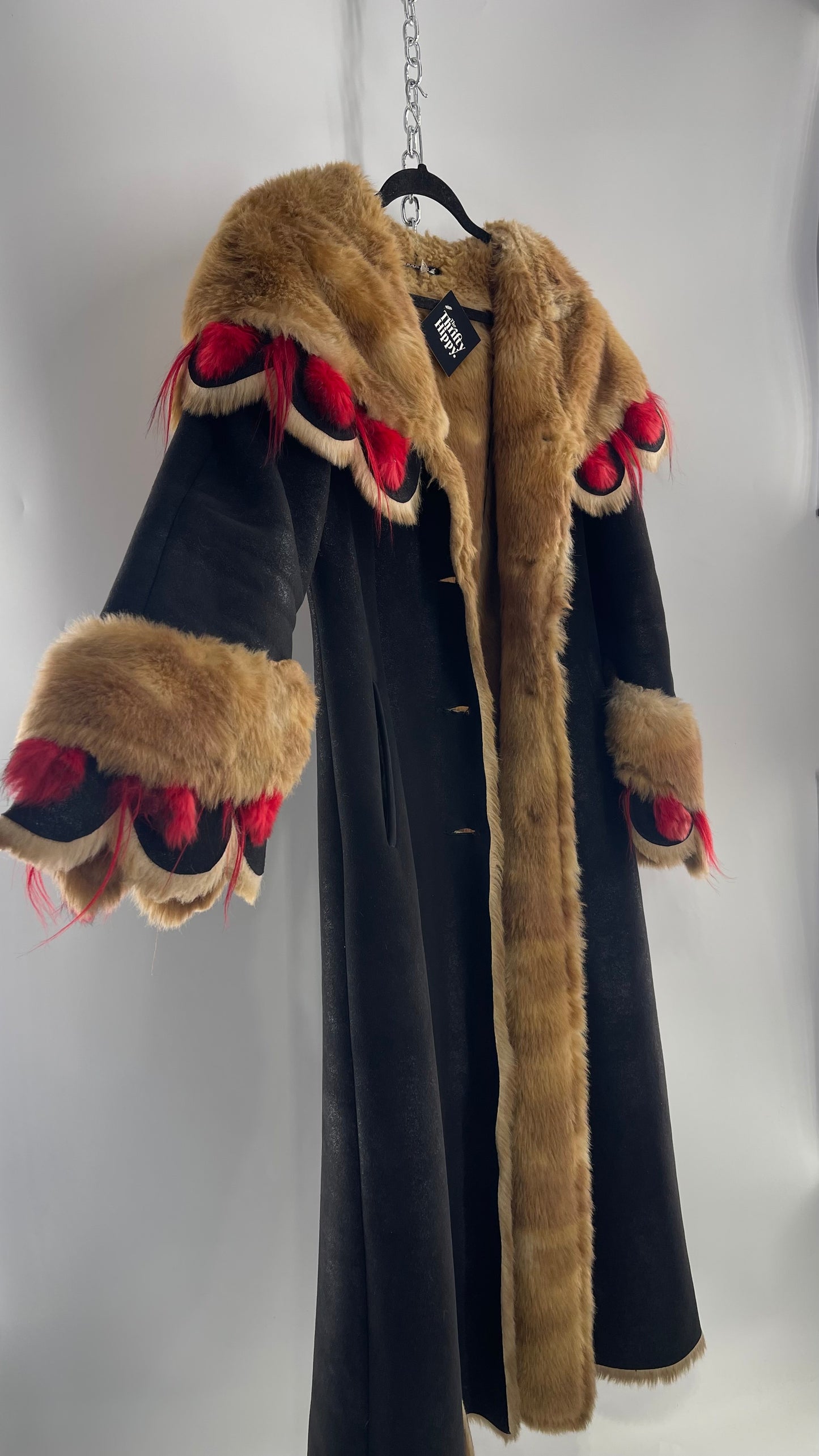 Vintage Russian Black Coat with Brown Fur Piping/Lining, Red Feathers, Scalloped Sleeve, and Hood (Medium)