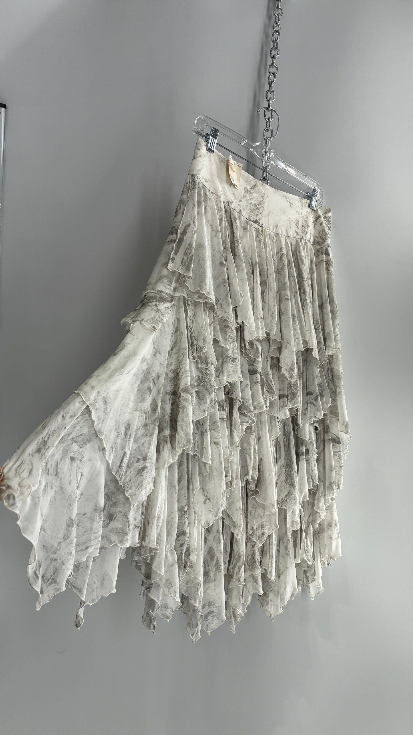 Free People Layered, Tiered Voluminous White and Grey Watercolor Full Skirt with Tags Attached (4)