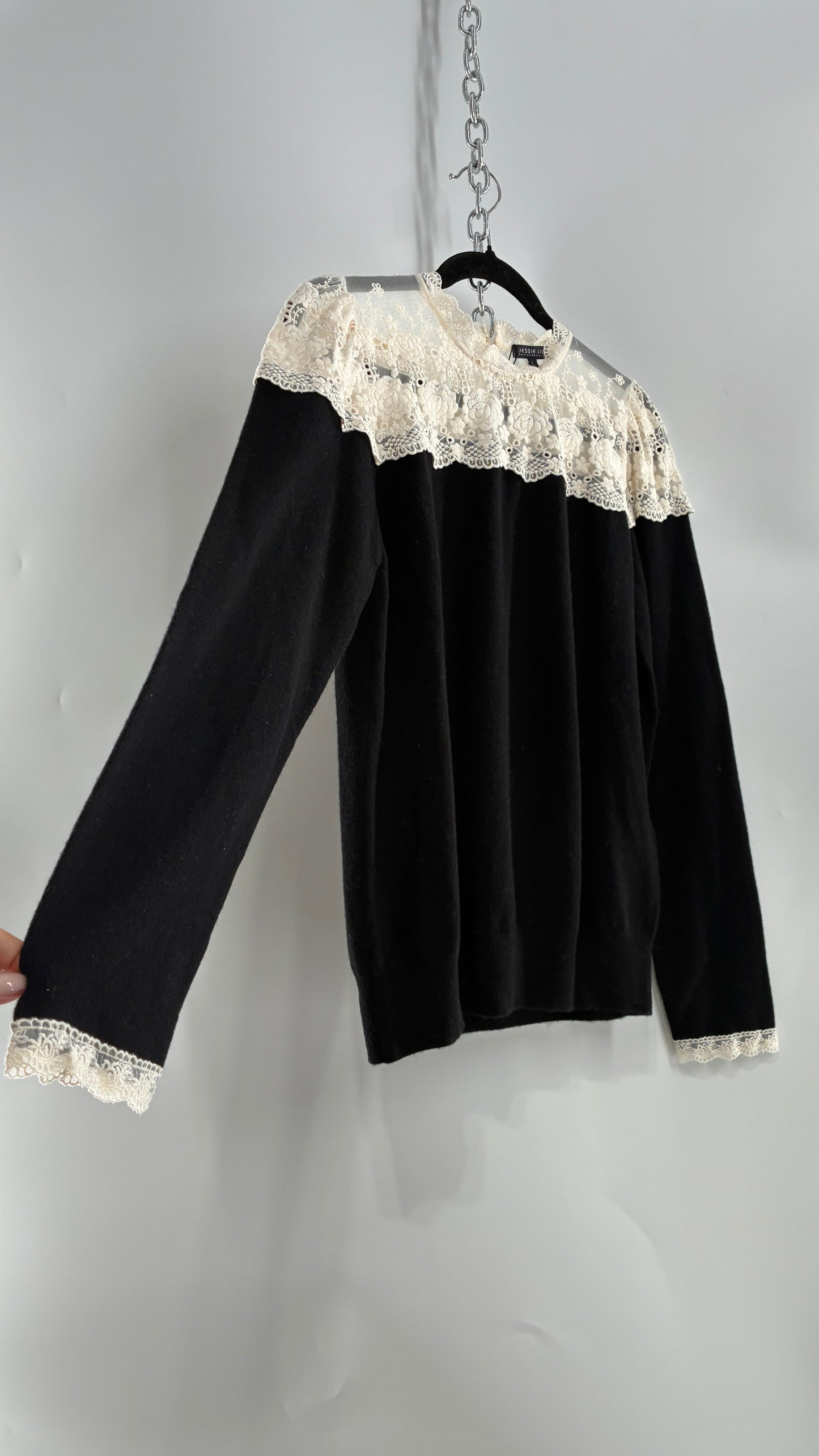 JESSIE LIU Amari Black 100% Merino Wool Sweater with Ivory Lace Neckline and Cuffs (Large)