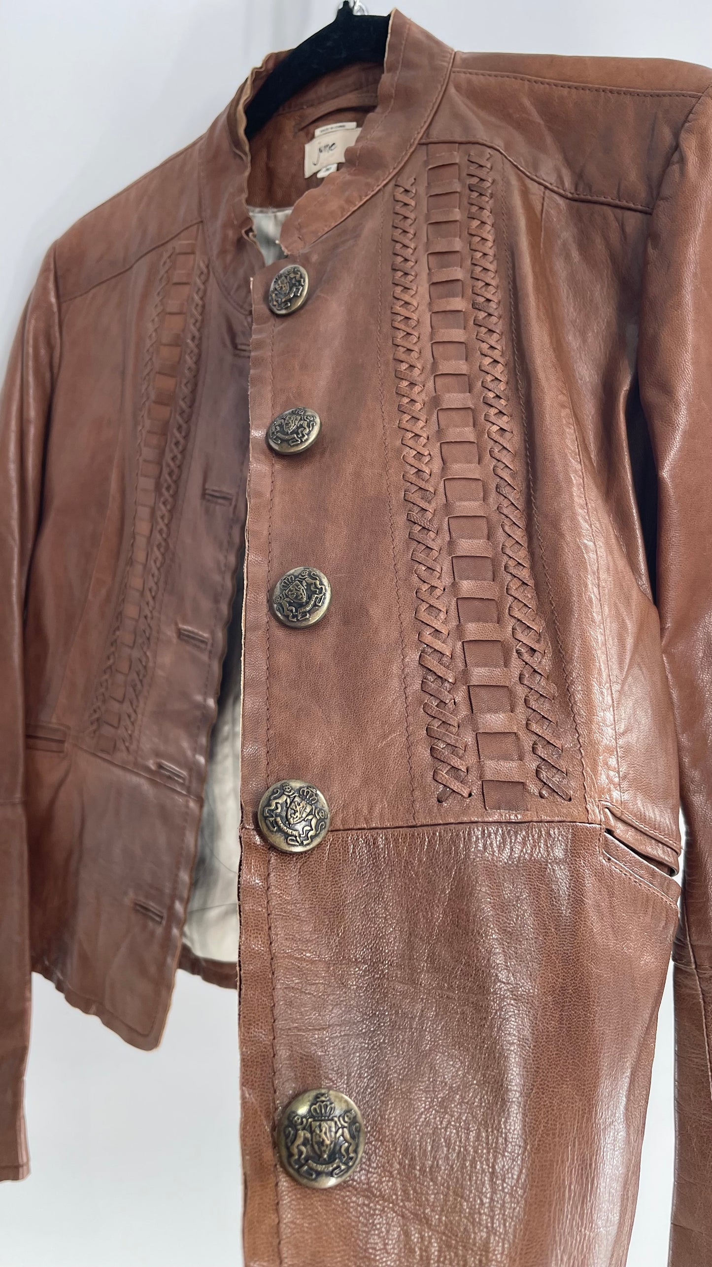 Vintage 1990s June Brown Leather Jacket with Braided Details and Zippered Cuffs (Medium)