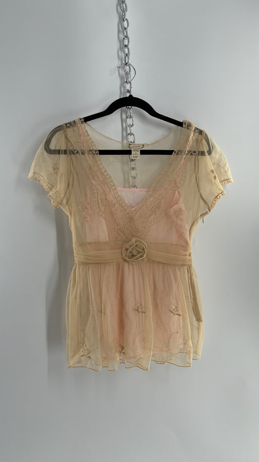 Vintage VIOLA Beige Sheer Mesh Blouse with Embroidered Details and Underbust Rosette (6)