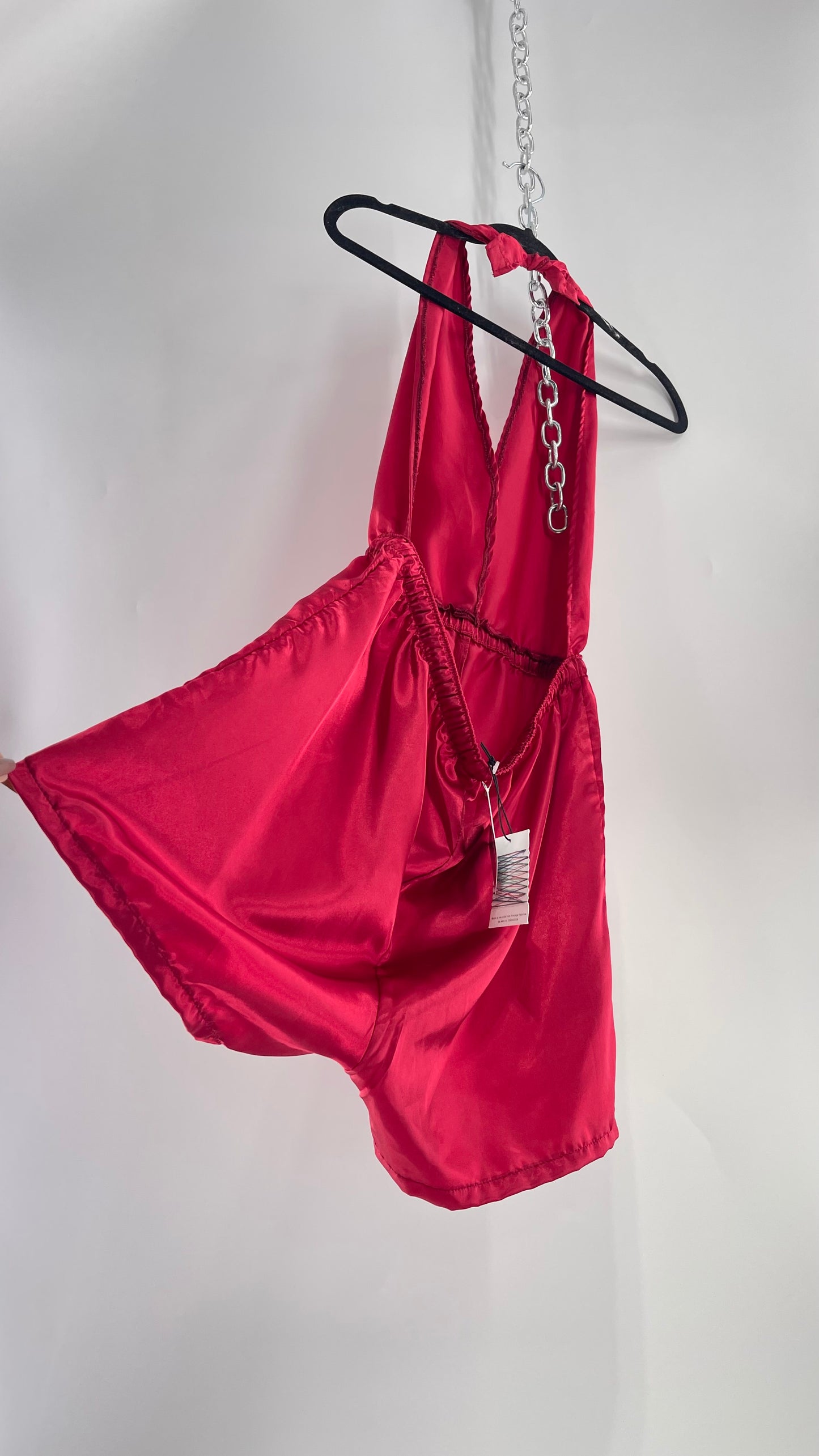 Urban Outfitters Red Satin Renewal Halter Backless Romper with Tags Attached (M)