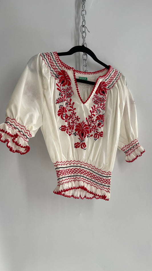 LUX FOLKLOR Vintage 1970s White Puff Sleeve Blouse with Smocked Waist and Red Embroidery
