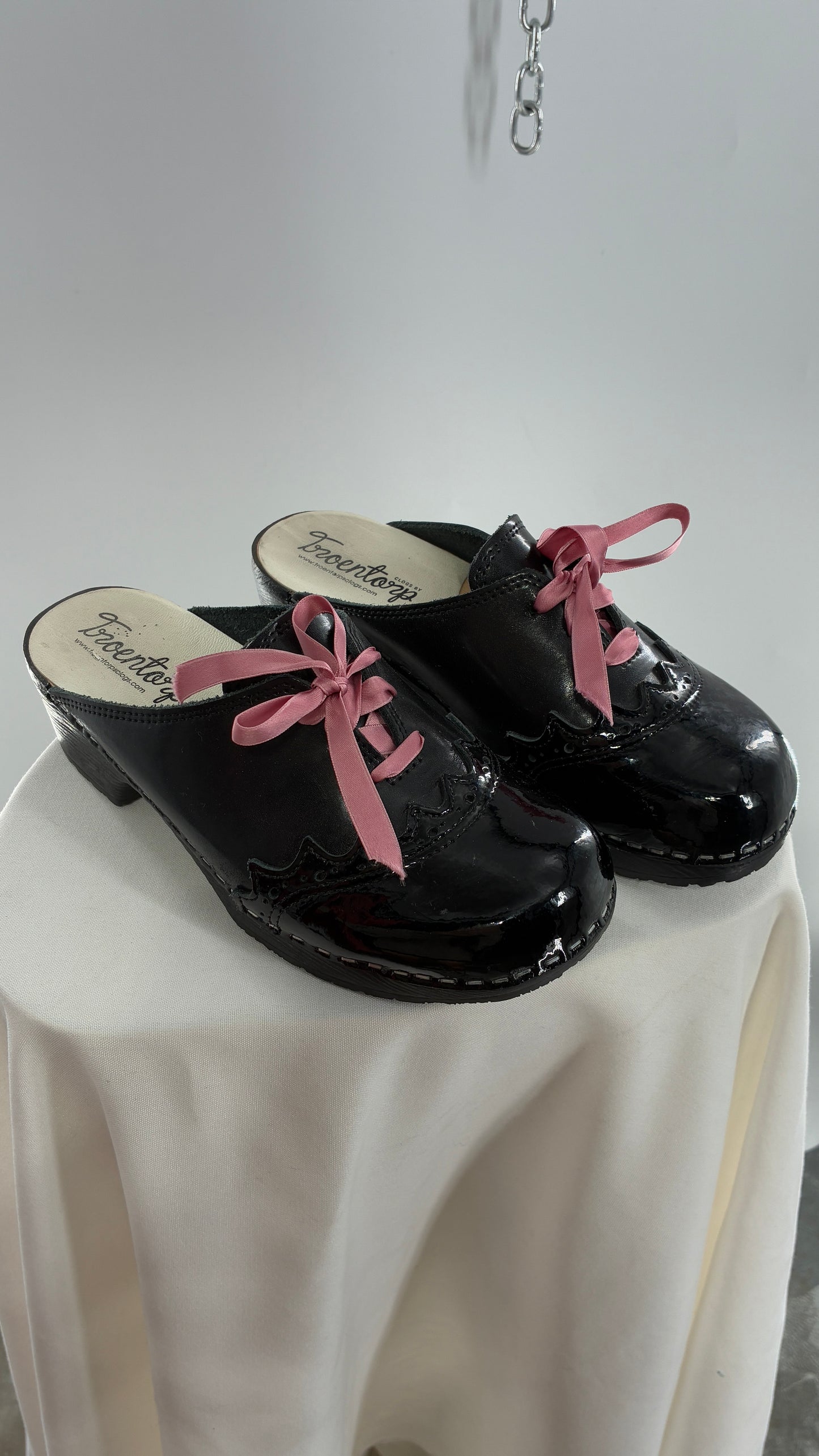 Vintage 1970s TROENTORPS Black Patent Leather Clogs with Ribbon Tie Detail (38)