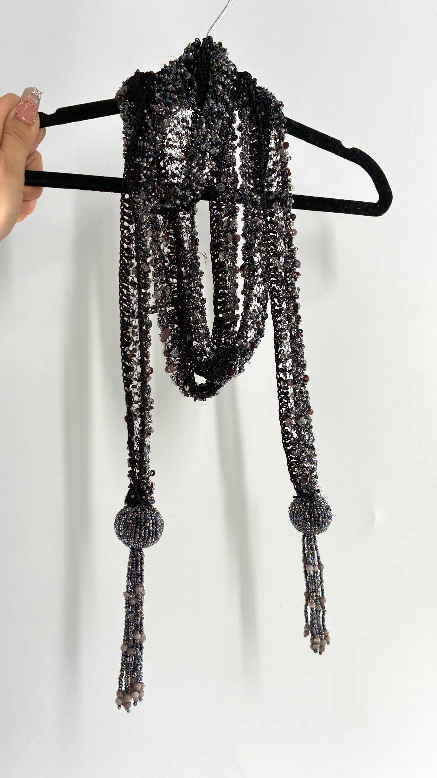 Vintage Black Netted + Crochet Scarf Necklace Covered in Heavy Beading