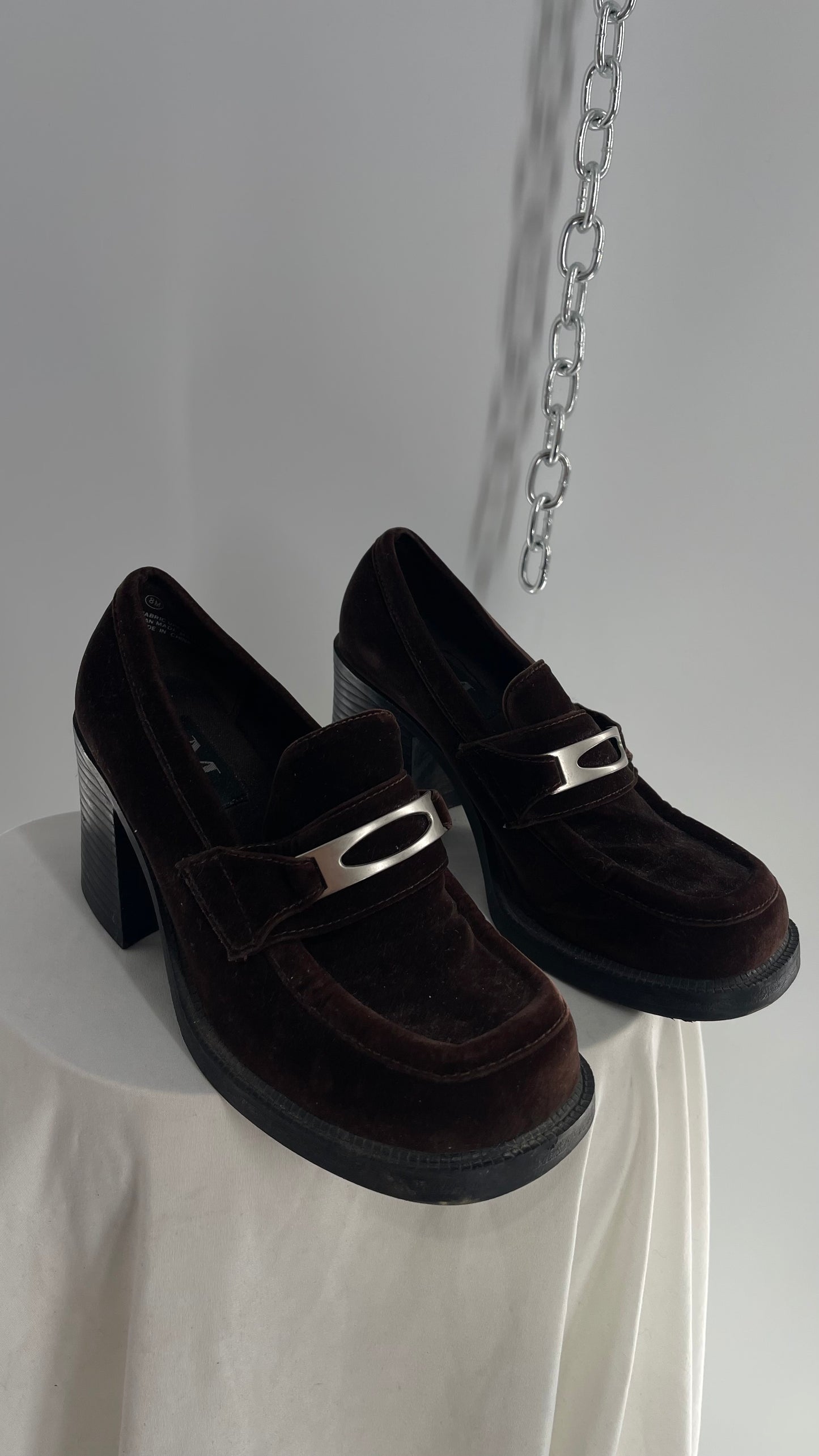 Vintage Modern Edge 1990s Dark Brown Velvet Loafer with Chunky Block Heel (8)