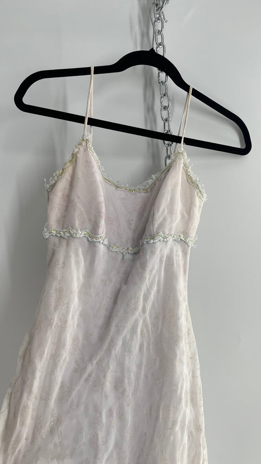 Vintage 1990s BLONDIE NITES by Jaslene Off White/Light Lilac Gown with Lace Trim (5)