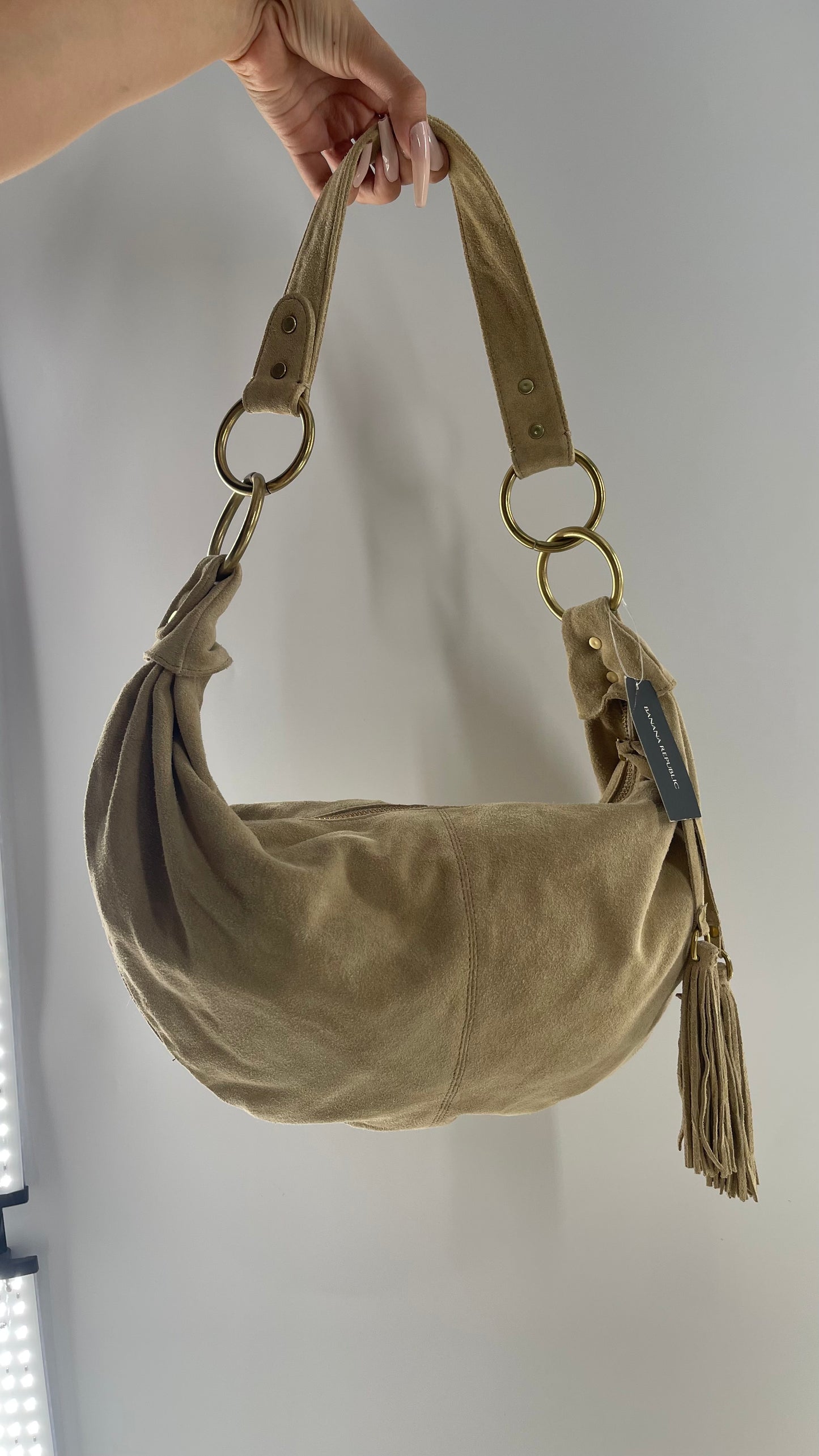 Vintage Banana Republic Genuine Suede Saddle Bag with Tassel Zipper Pull and Tags Attached