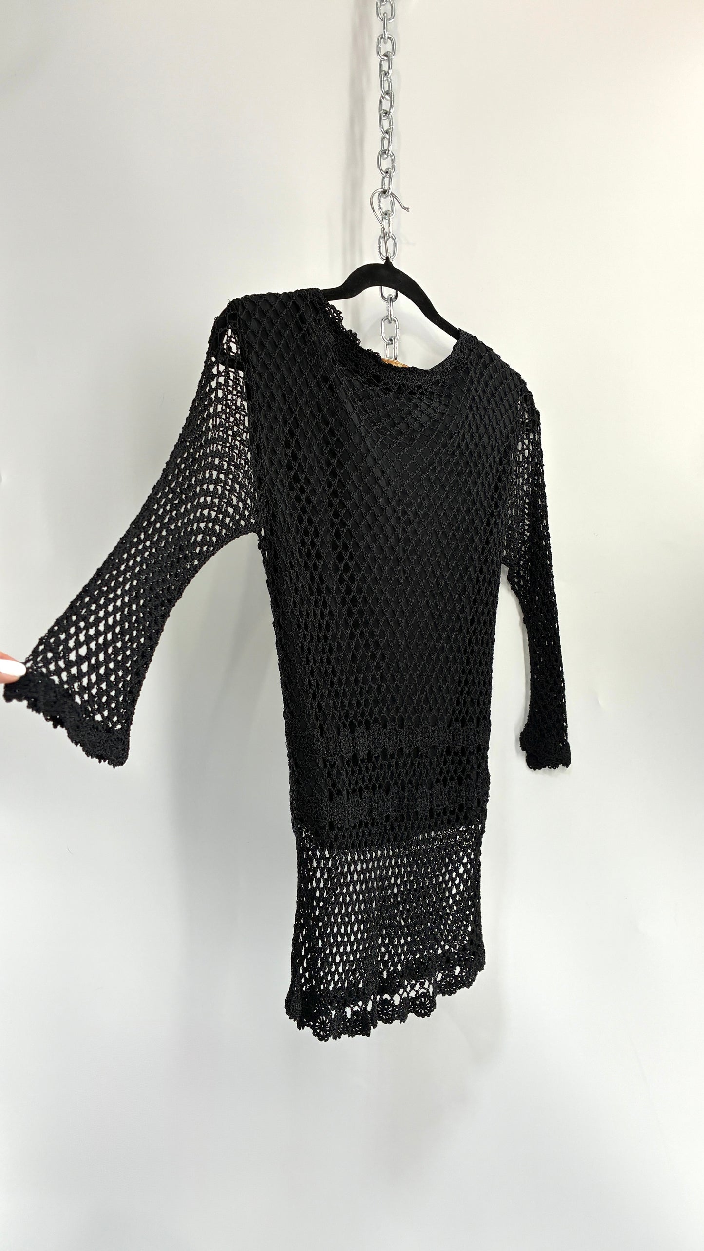 Vintage KROSHETTA by PAPILLON  Black Crochet Quarter Sleeve Blouse (Medium)
