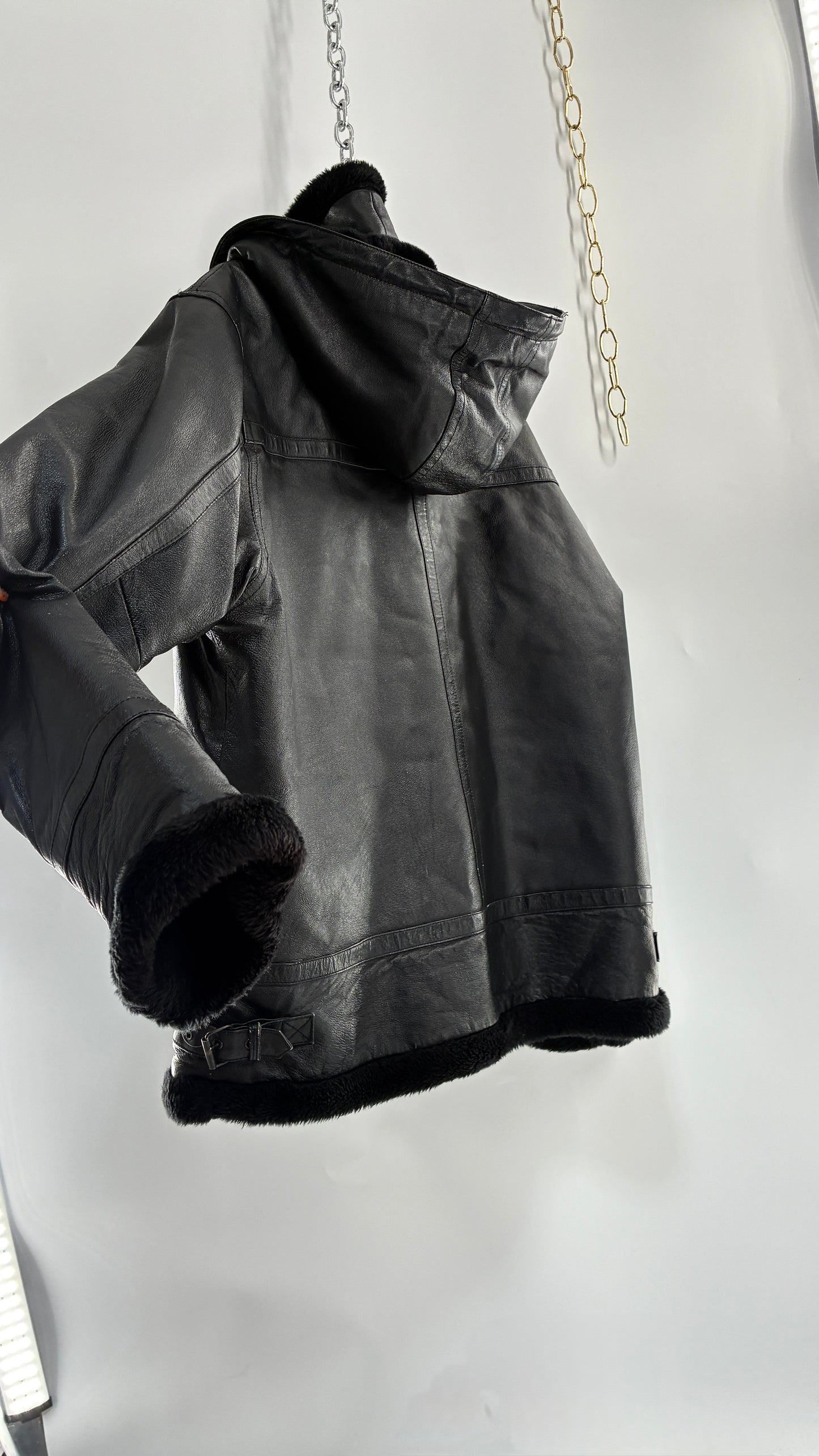 Vintage TANNERS AVENUE Black Genuine Leather Jacket with High Neck and Hood (Medium)