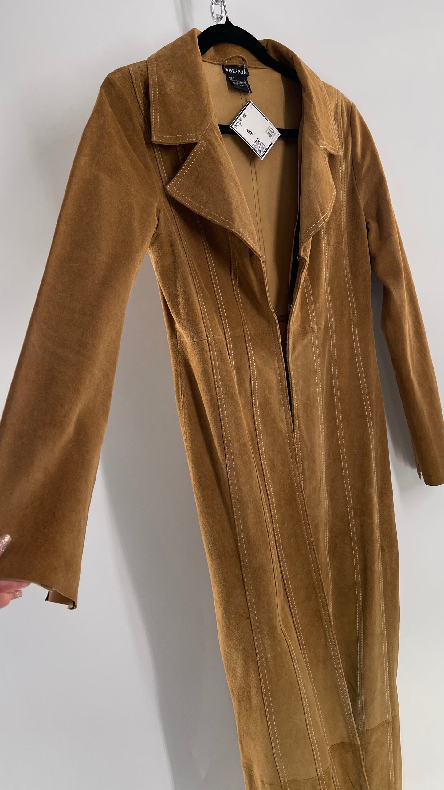 Vintage Wet Seal Full Length Paneled Tan Leather Sweeping Coat (Small)