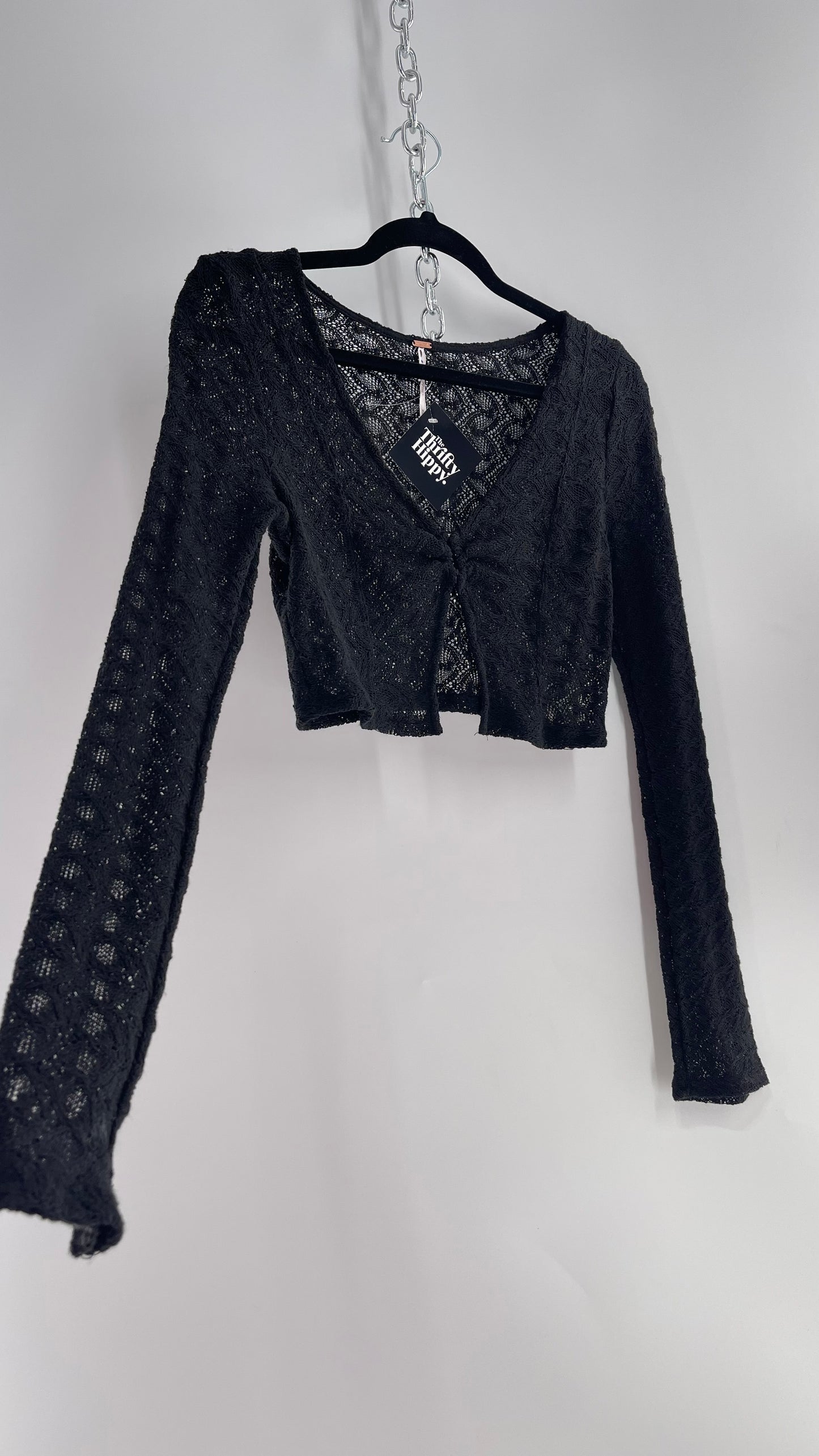 Free People Black Knit Lace/Crochet Like Cropped Long Sleeve with Metal Buckle Bust  (Medium)