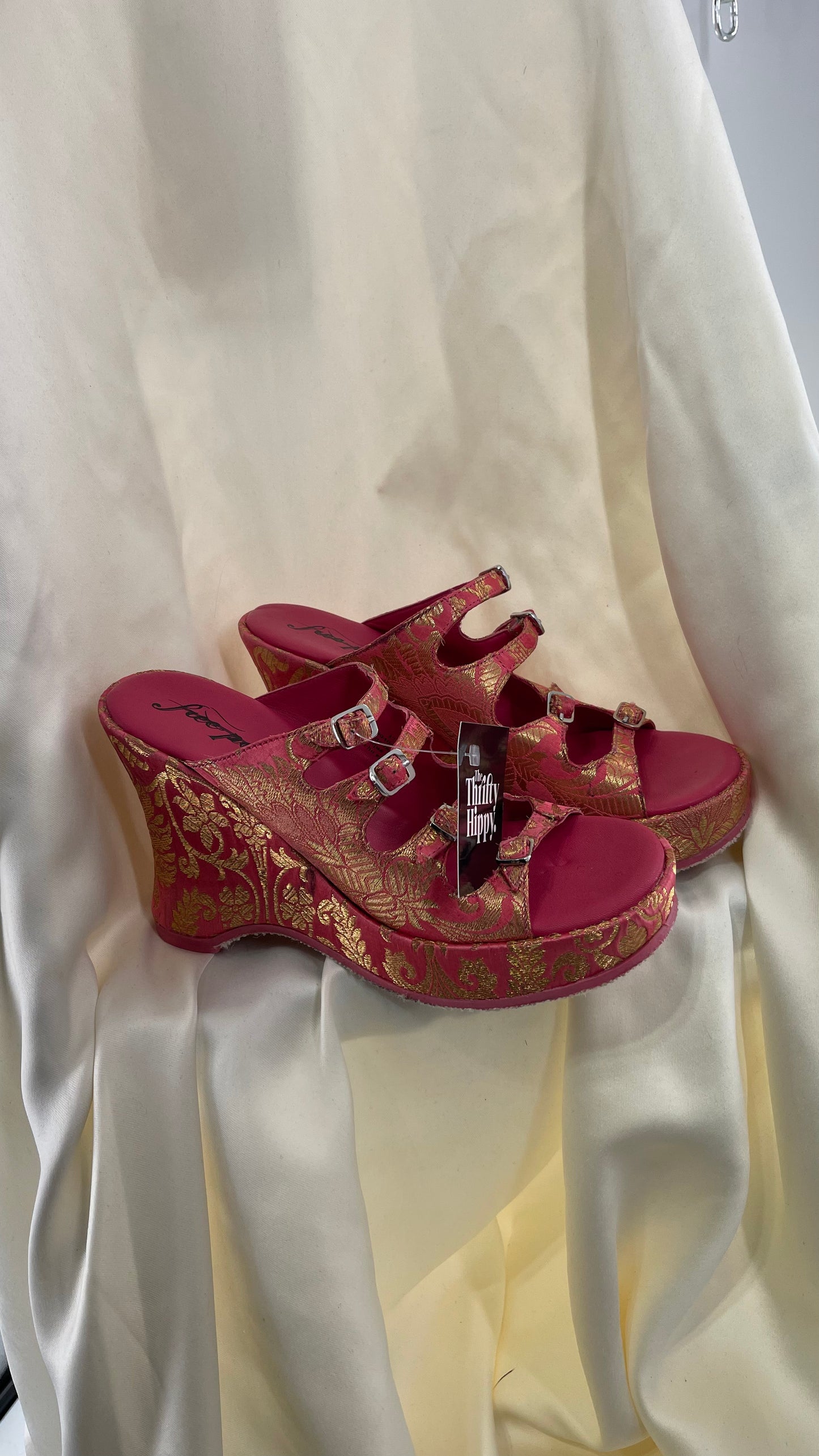 Free People Hot Pink Hoffman Buckle Front Wedge Heels with Satin Gold Paisley/Brocade Pattern (37)