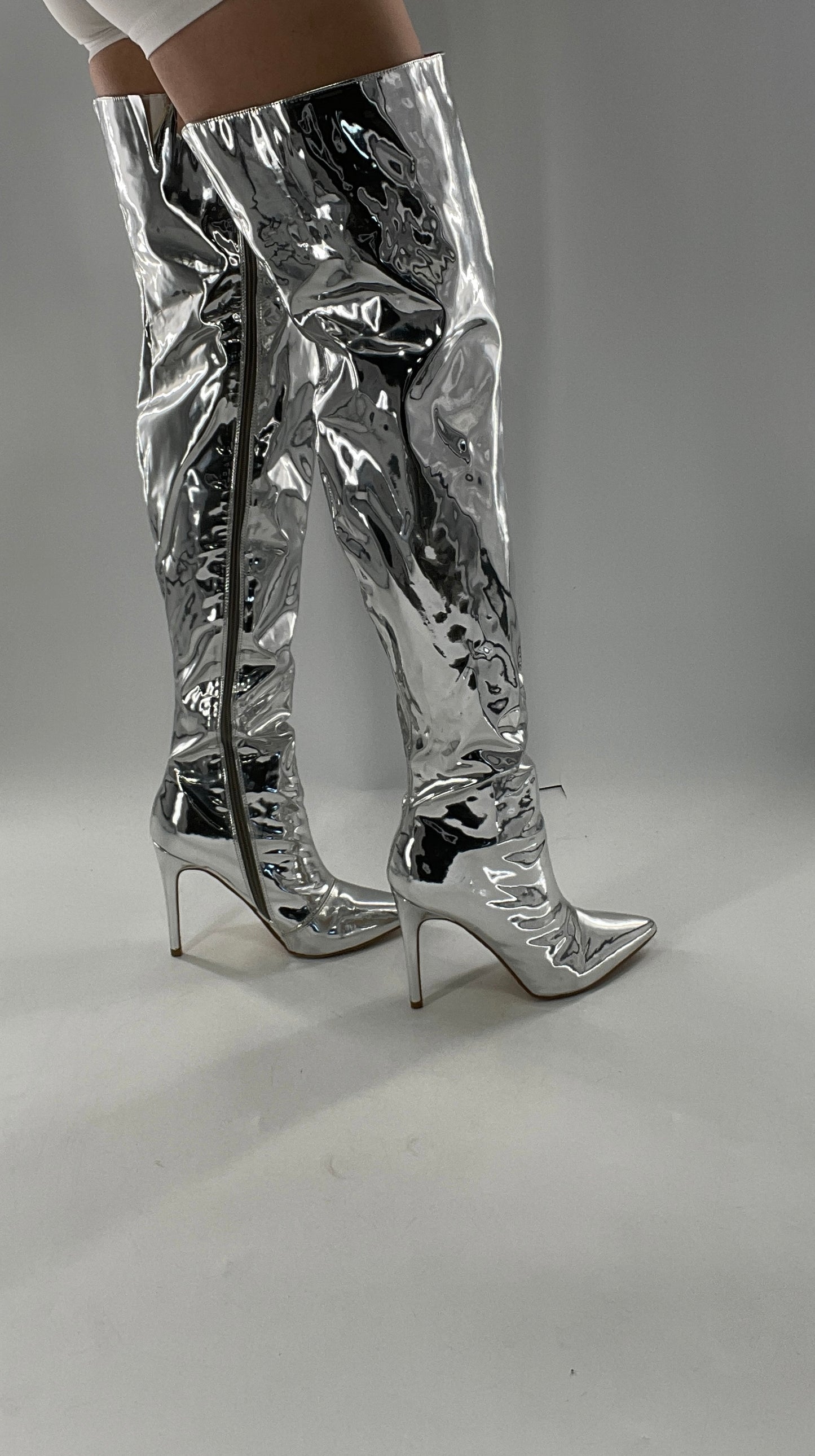 Vintage Chrome Platinum Mirrored Thigh High Molten Metal Sky High Boots Space Cadet/Concert (7)