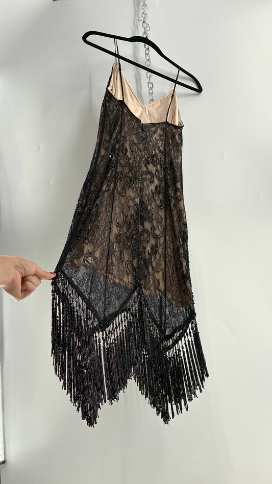 Vintage Haute Hippie Black Lace Nude Underlay Dress with Pointed Heavily Beaded Fringe Hem (2)