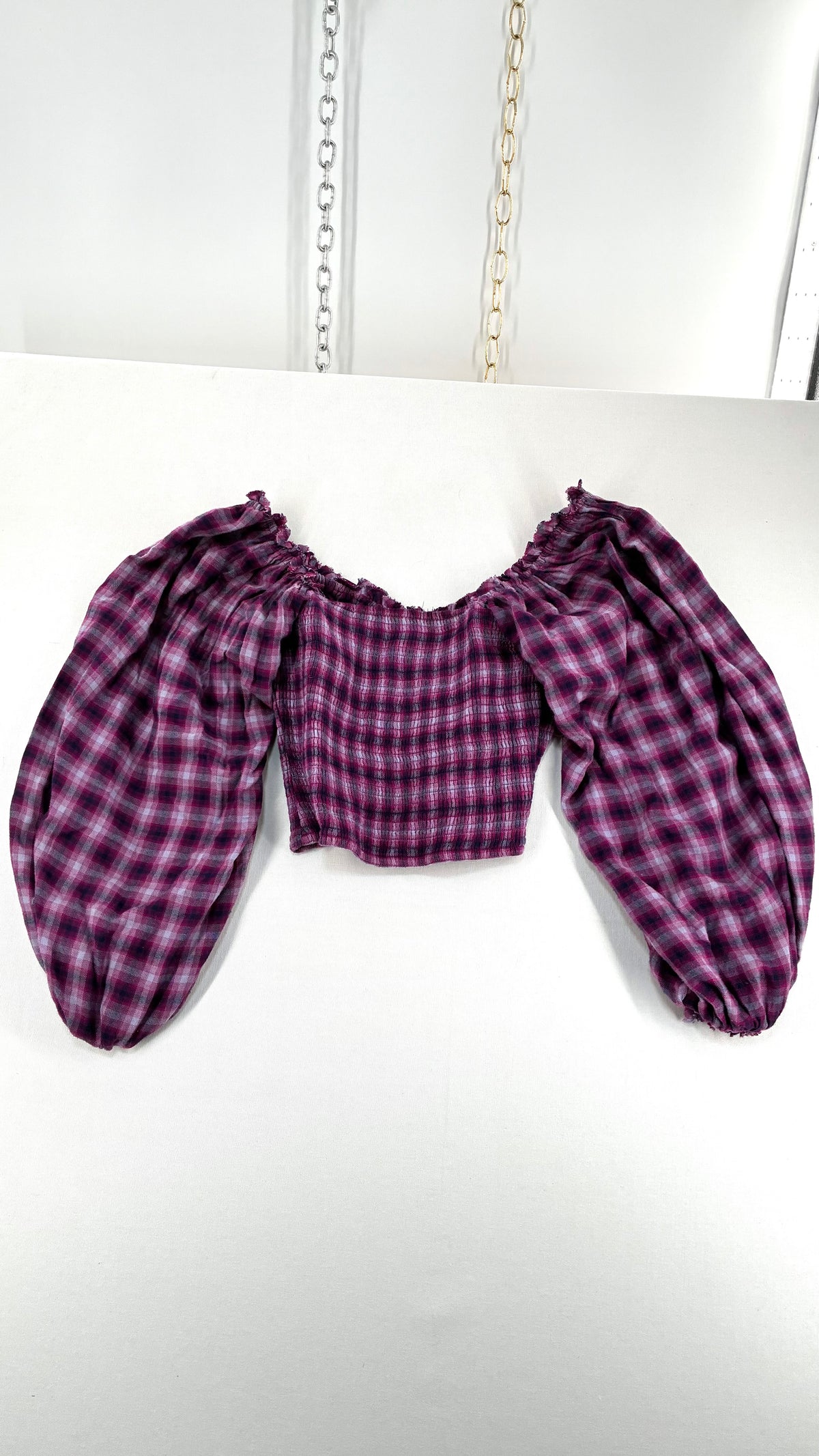 Free People Purple Plaid Bubble Sleeve Blouse with Milkmaid Bust (Small)