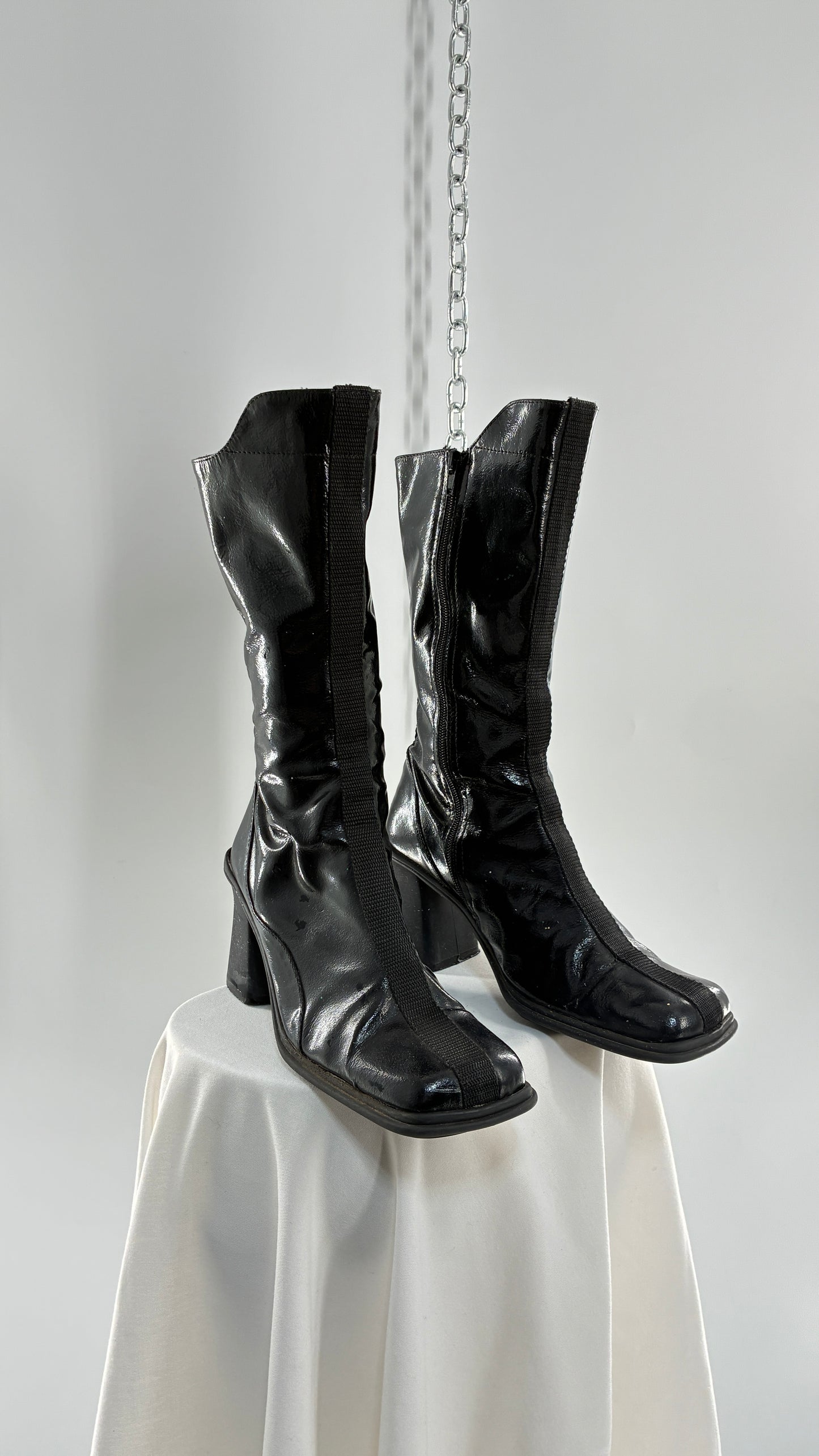 Vintage Black Patent Vinyl Boots with Square Toe and Block Heel with High, Low Calf (40)