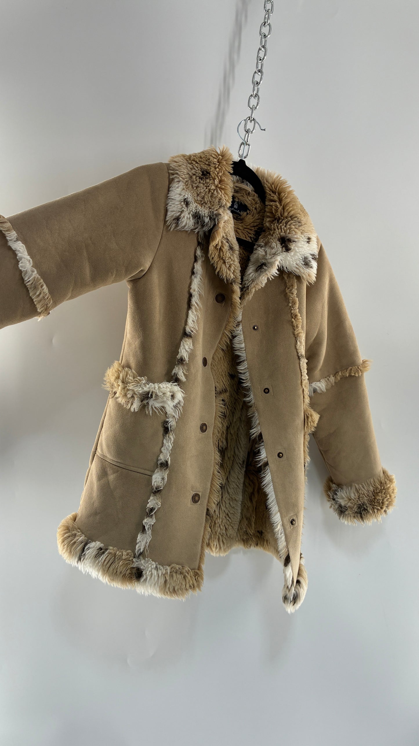 LONDON FOG (10/12) Vegan Suede Coat with Leopard Patterned Piping, Trim and Collar