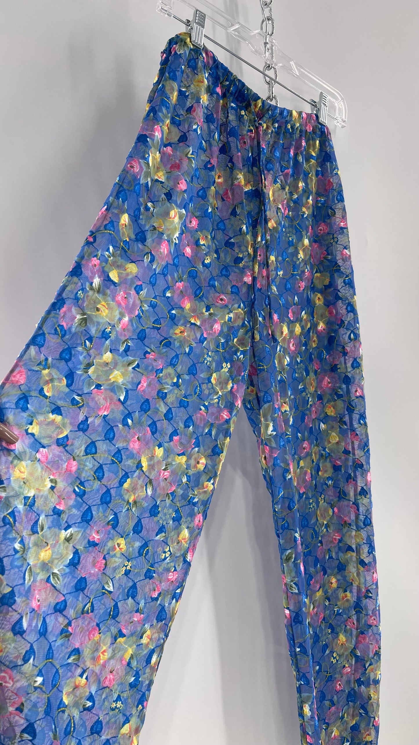 Vintage Classics Fun Pants Cover Up Blue, Embroidered Vines and Floral Graphic (Large)