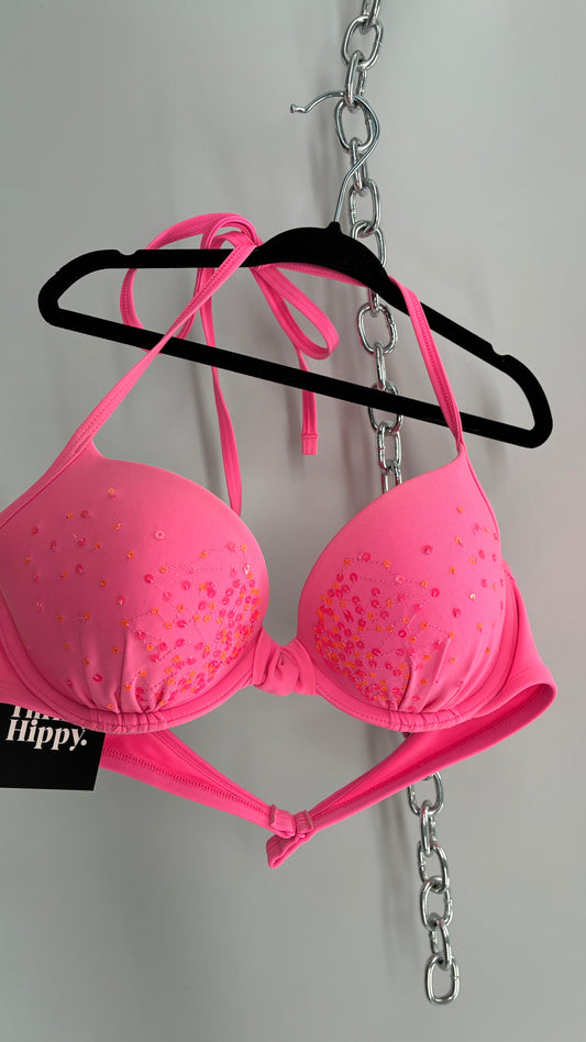 AERIE Pink Underwire Halter Bikini Top with Sequin Details (36B)