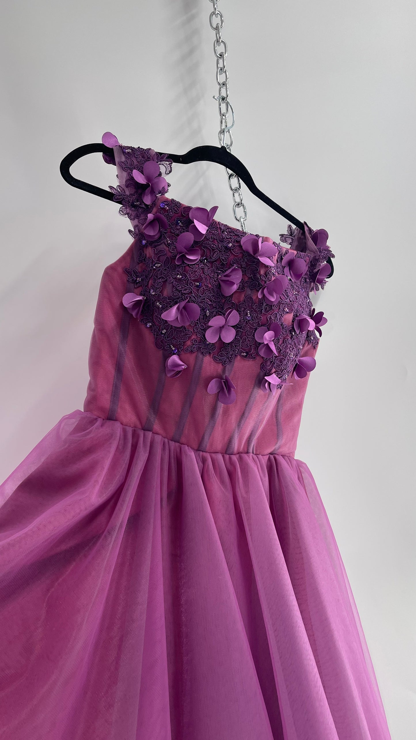 Vintage Handmade Corseted Fairy Dress with Flower Purple Pink Petals and Boning (Medium)