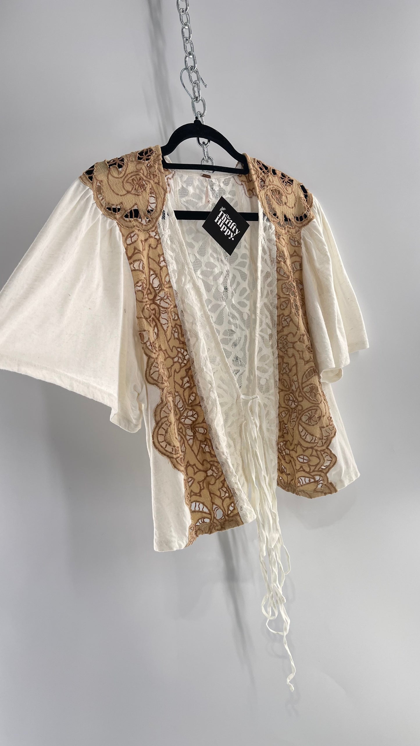 Free People Off White Woven Tie Front/Tie Around Too with Brown Eyelet Lace (Small)