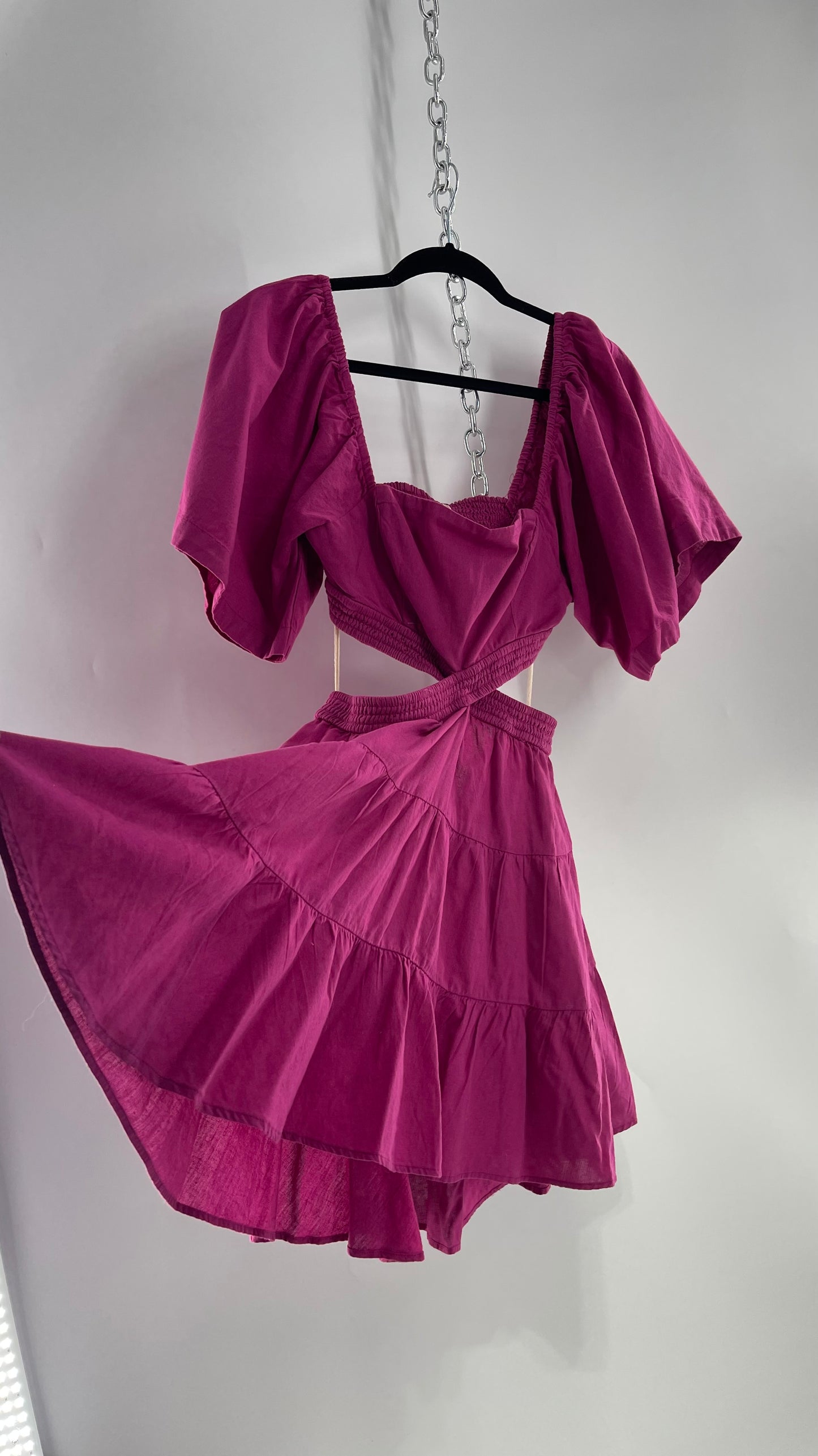 Free People Mauve Fuchsia Cotton/Linen Cut Out Sides Open Back Mini Dress (Small)