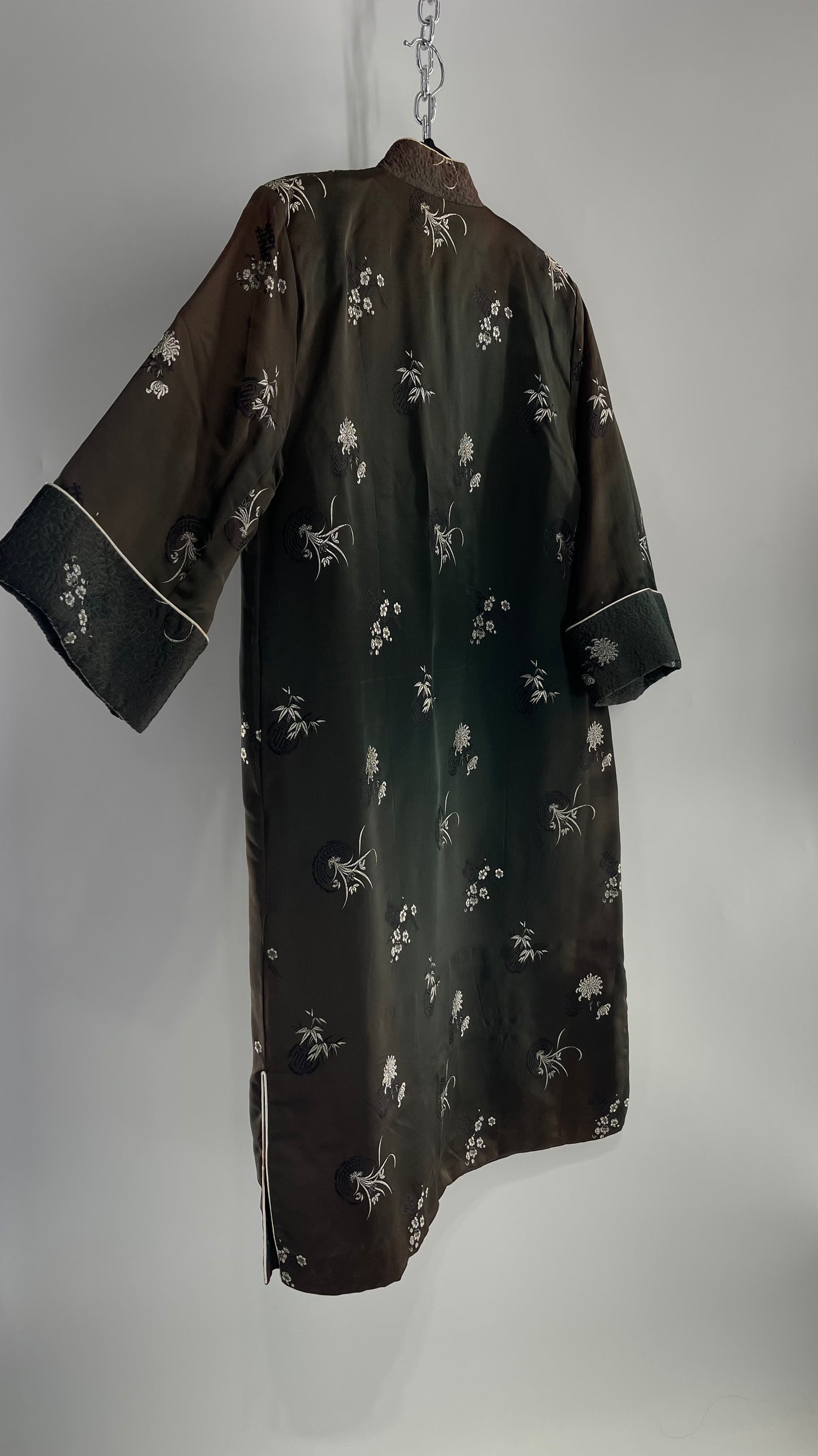 Vintage Hong Kong, Hand Made, Dark Green Silk Kimono Coat/Smoking Jacket (38)