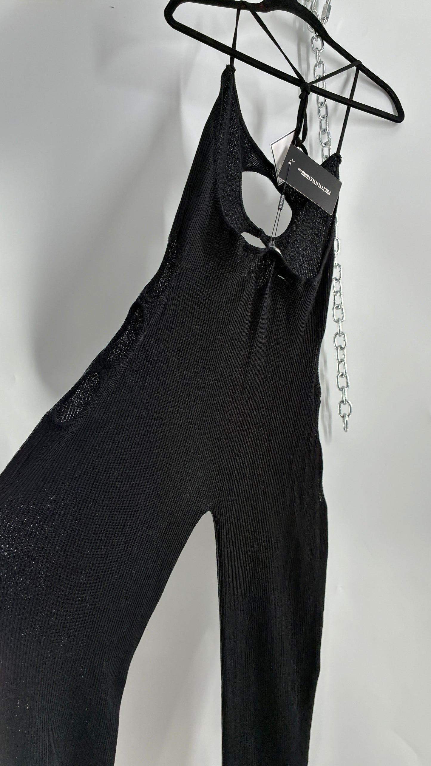 Pretty Little Thing Black Sheer Knit Cut Out Halter Neck Jumpsuit with Tags (Large)