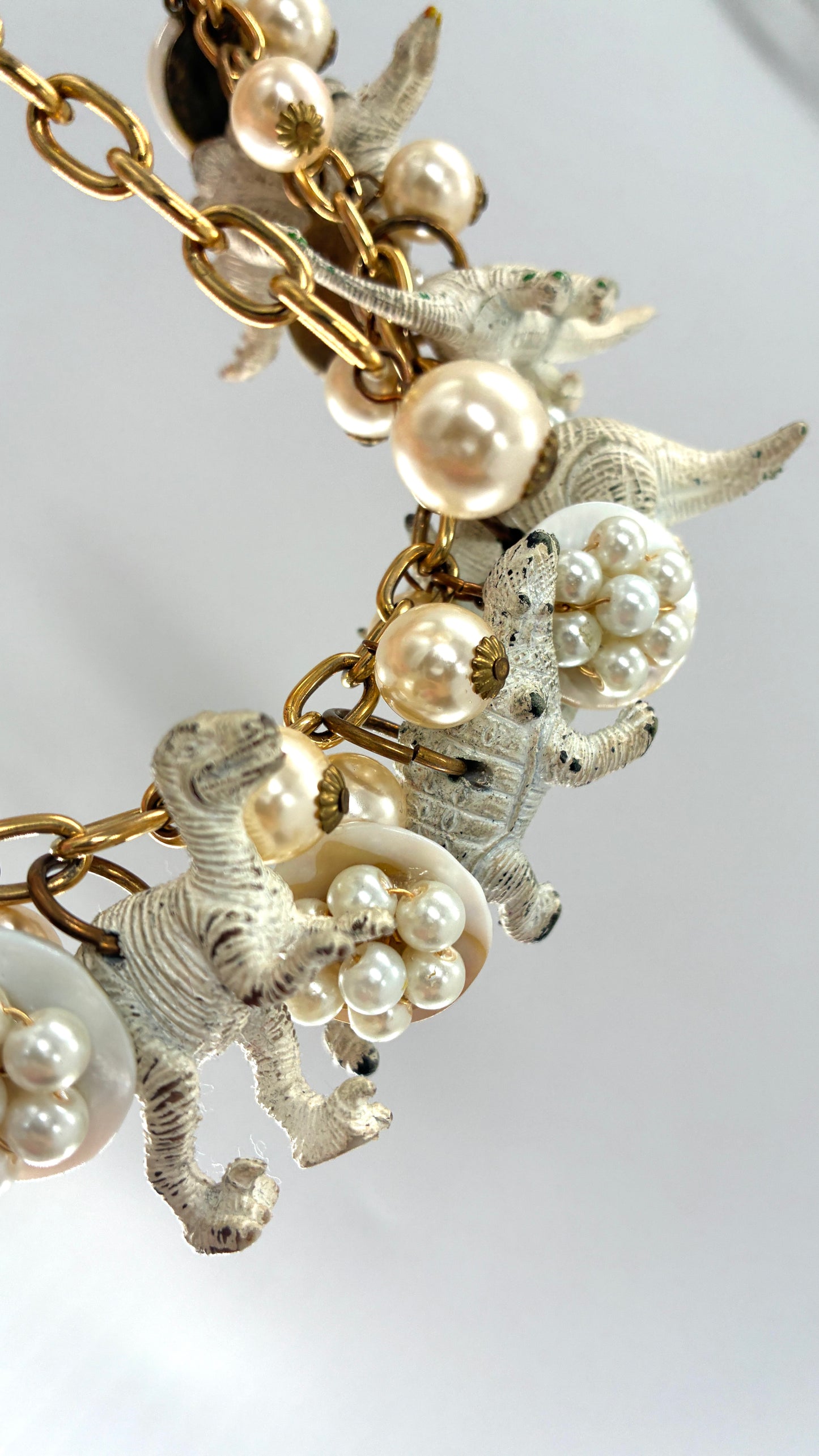Vintage LENORA DAME Pearlescent Dinosaur Charm, Gold Chain Choker