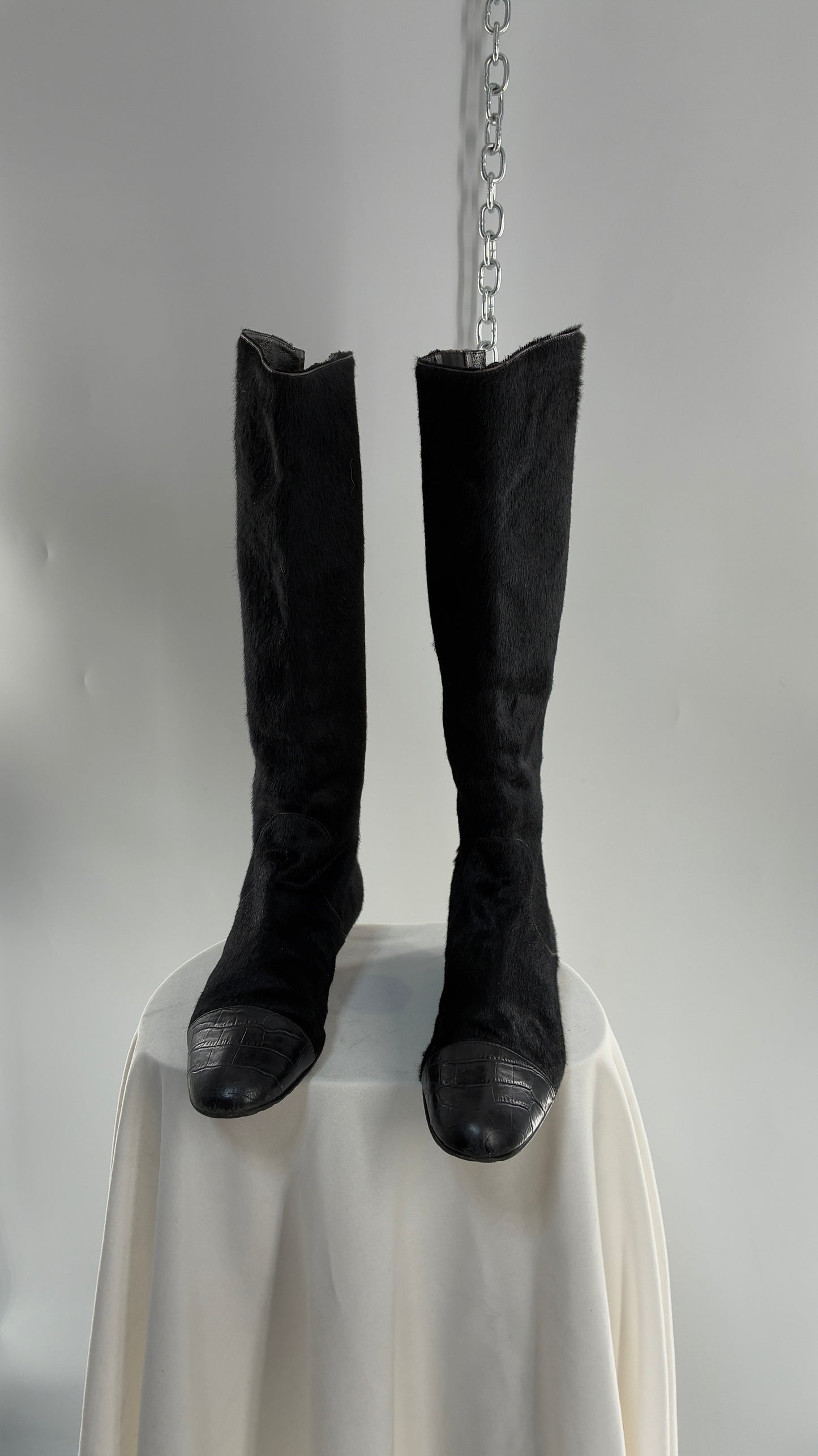 Vintage MIGLIORINI Black Genuine Calf Hair/Fur Boots with Heel, Made in Italy (7.5)