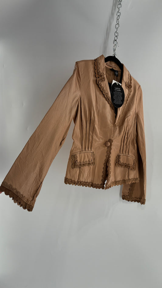 RARE Deadstock Vintage Cami Brown Thin Leather Jacket with Suede Scalloped Trim (12)