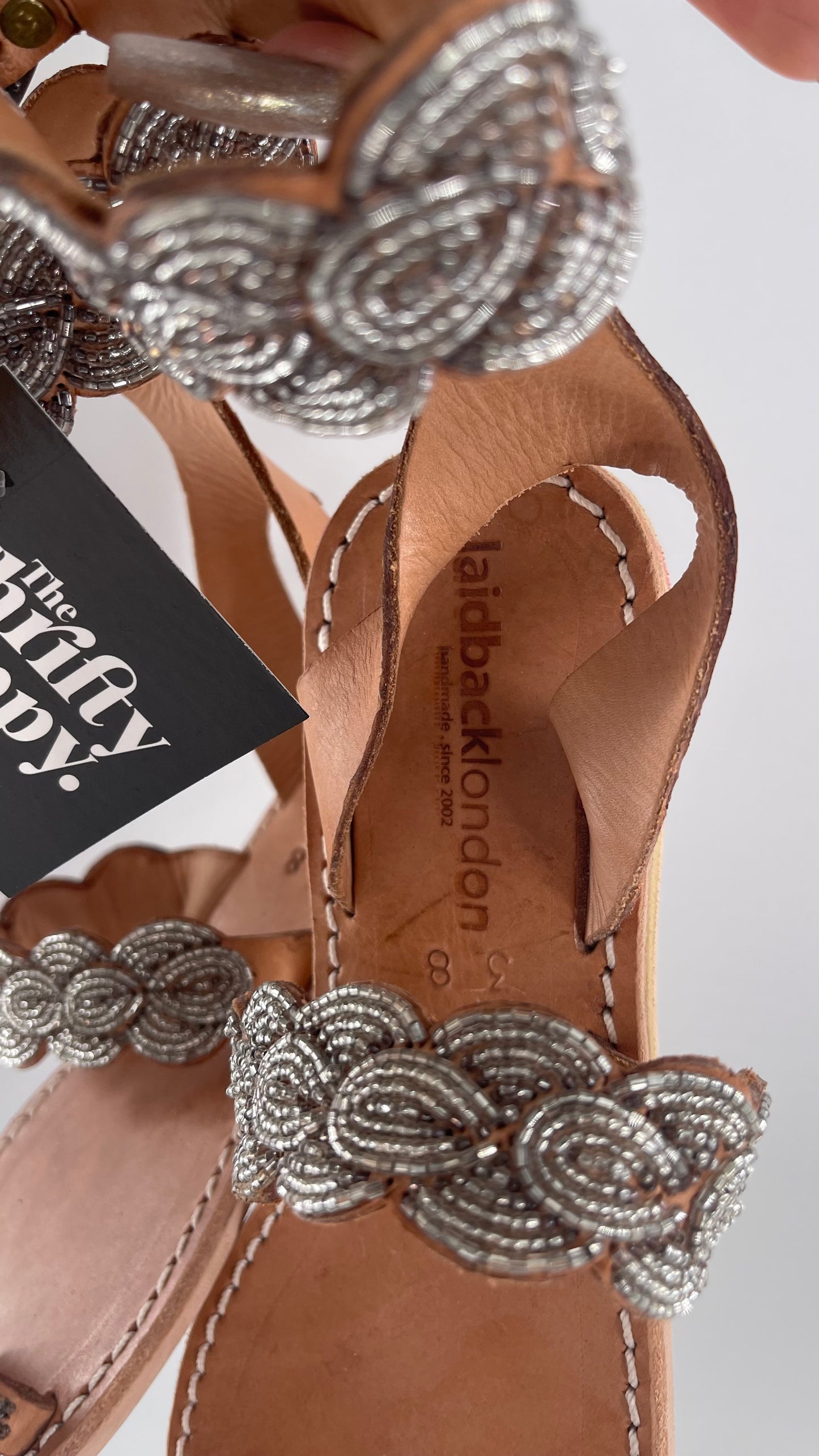 Free People Laidback London Handmade Sandals with Tan Leather Straps Covered in Silver Beaded Details (38)