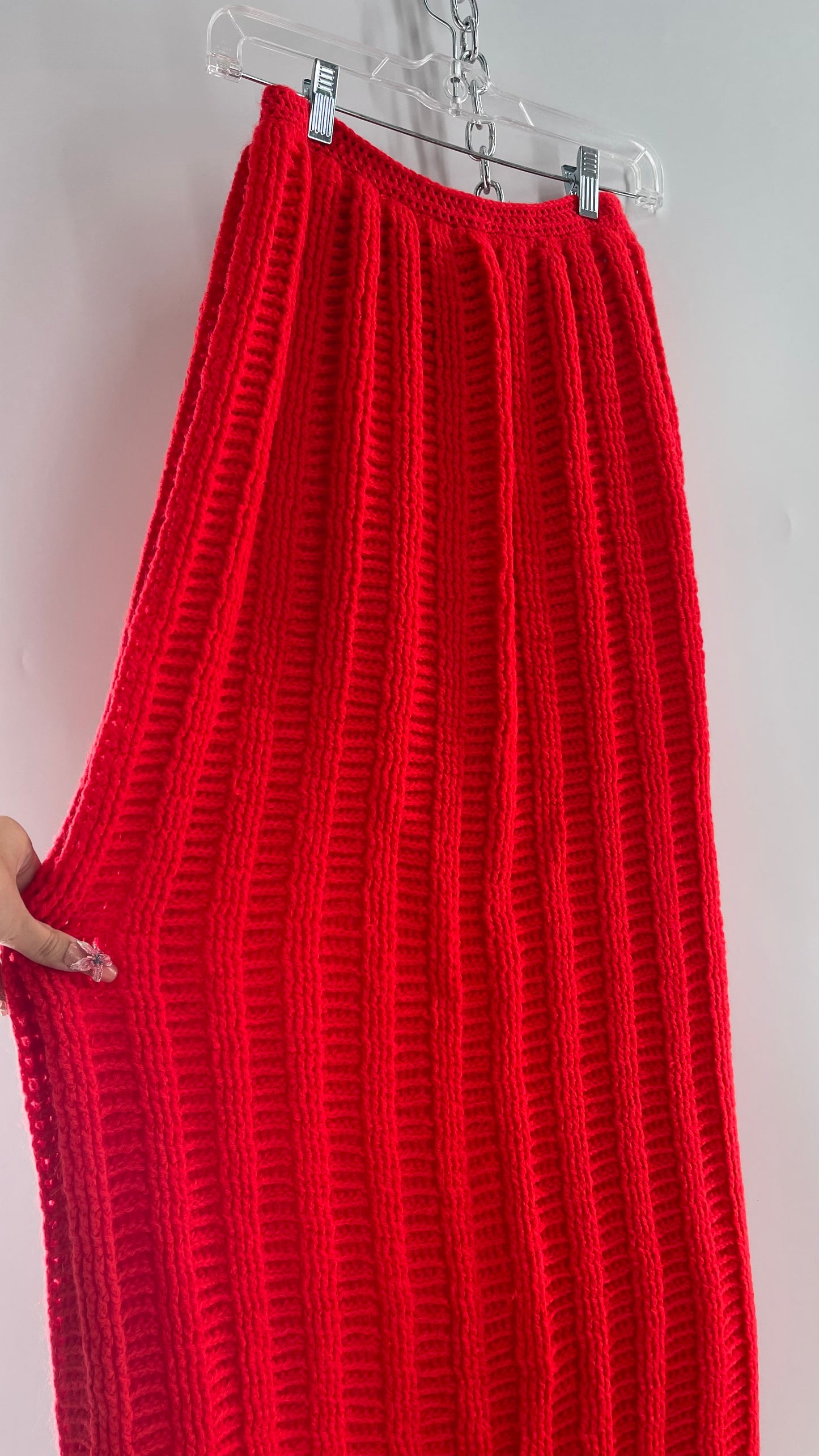 Vintage Hand Knit Red Maxi Skirt (XS)