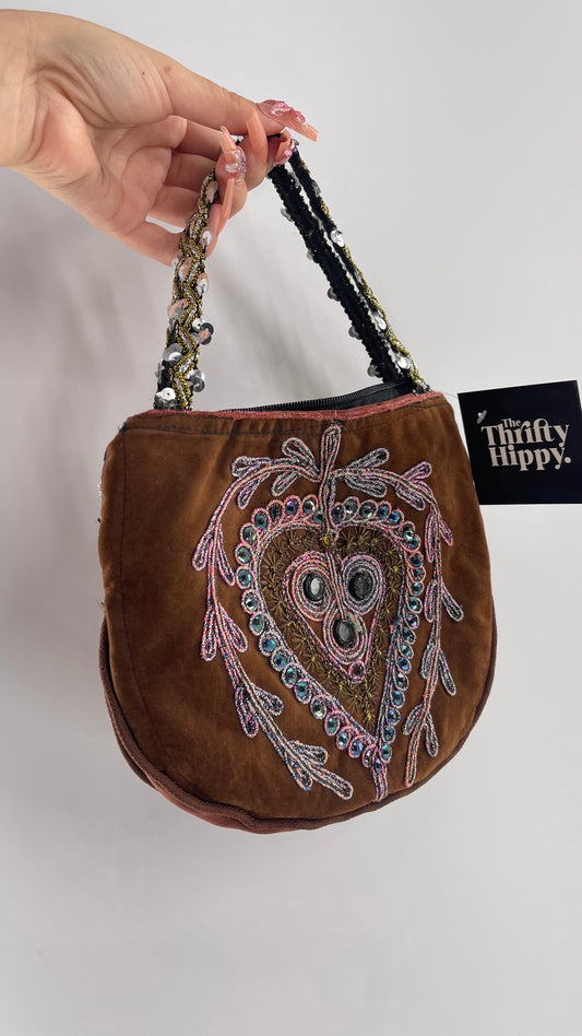 Vintage Brown Velvet Mini Bag with Embroidery, Mirrors and Appliqués