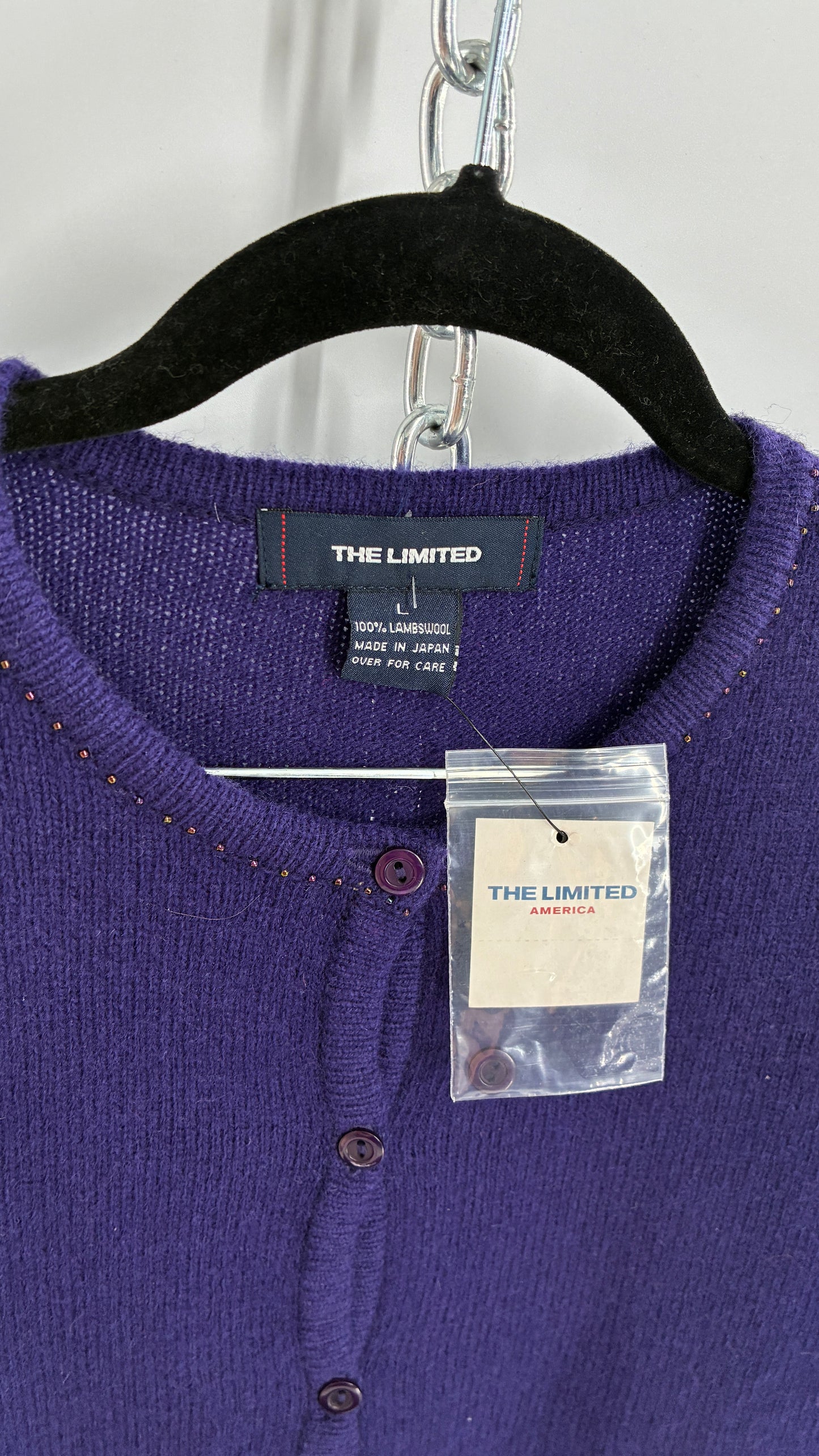 Deadstock Vintage THE LIMITED Japanese 100% Lambswool Purple Cardigan and Plaid Mini Skirt Set (L,10)