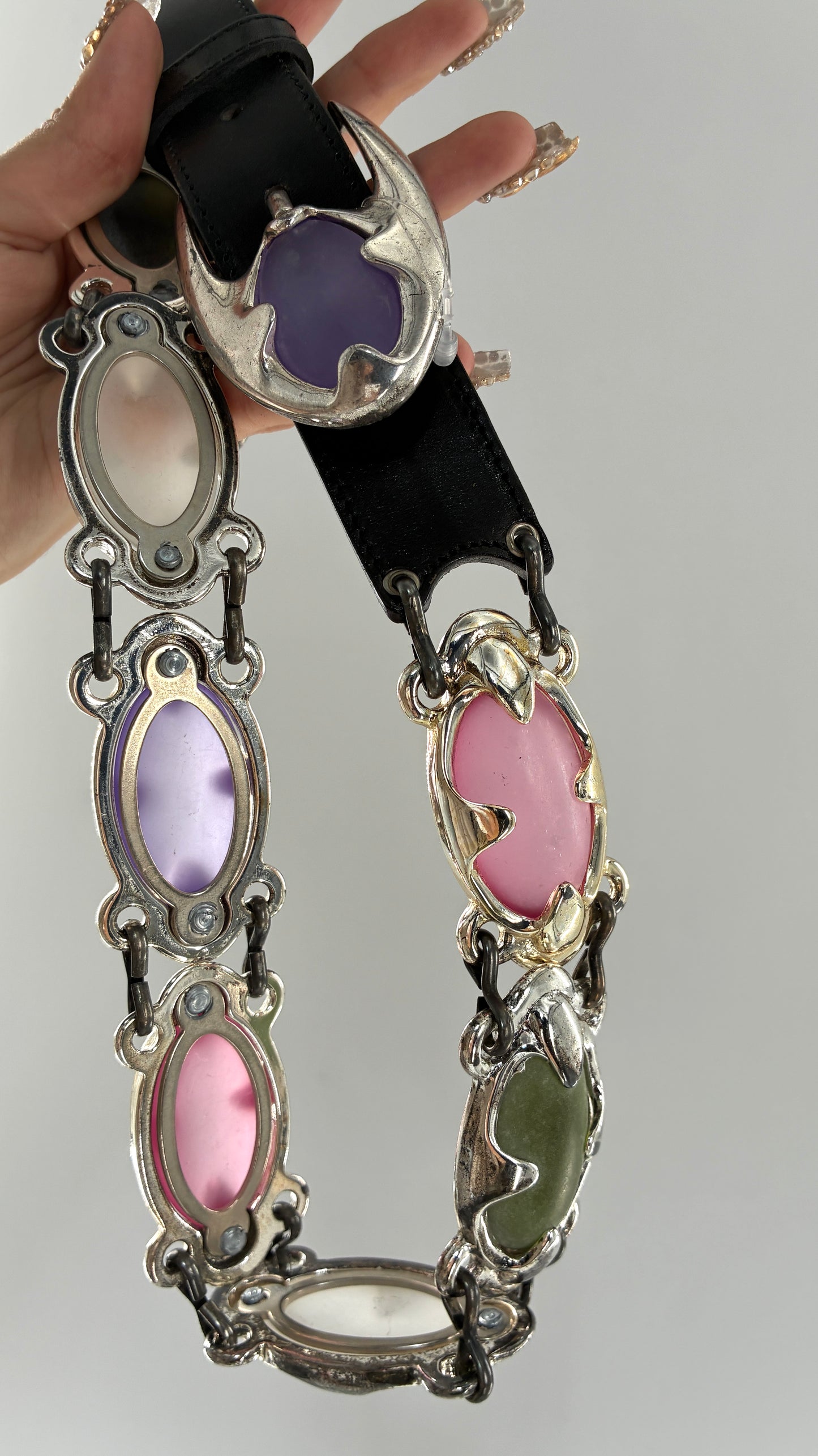 Vintage NEIMAN MARCUS Linea Pelle  Silver Metal Belt with Oversized, Sautered Gemstone Details Made in Italy (Medium)