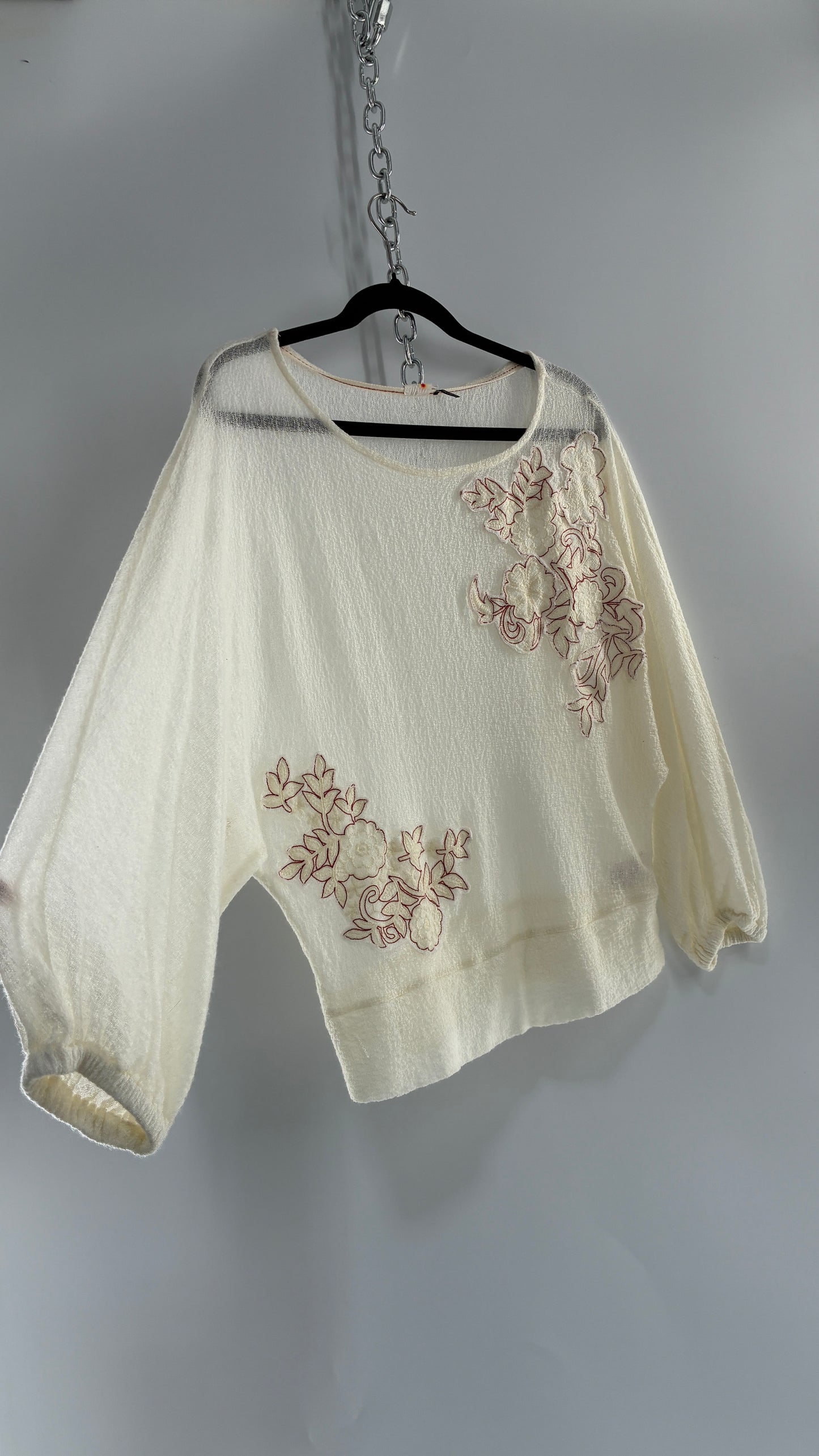 Vintage AKEMI + KIN 30% Wool Off White Gauze Blouse with Embroidered Appliqués (Medium)
