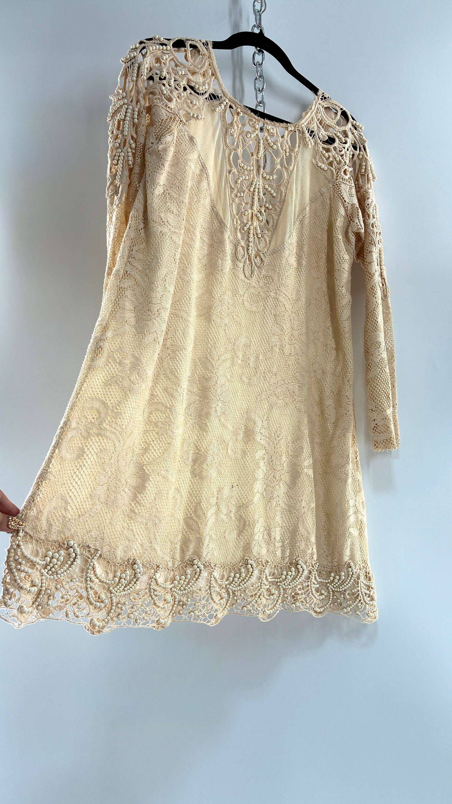 Vintage Free People Beige Long Sleeve Lace Dress with Deep Neckline, Low Back and Beaded Details