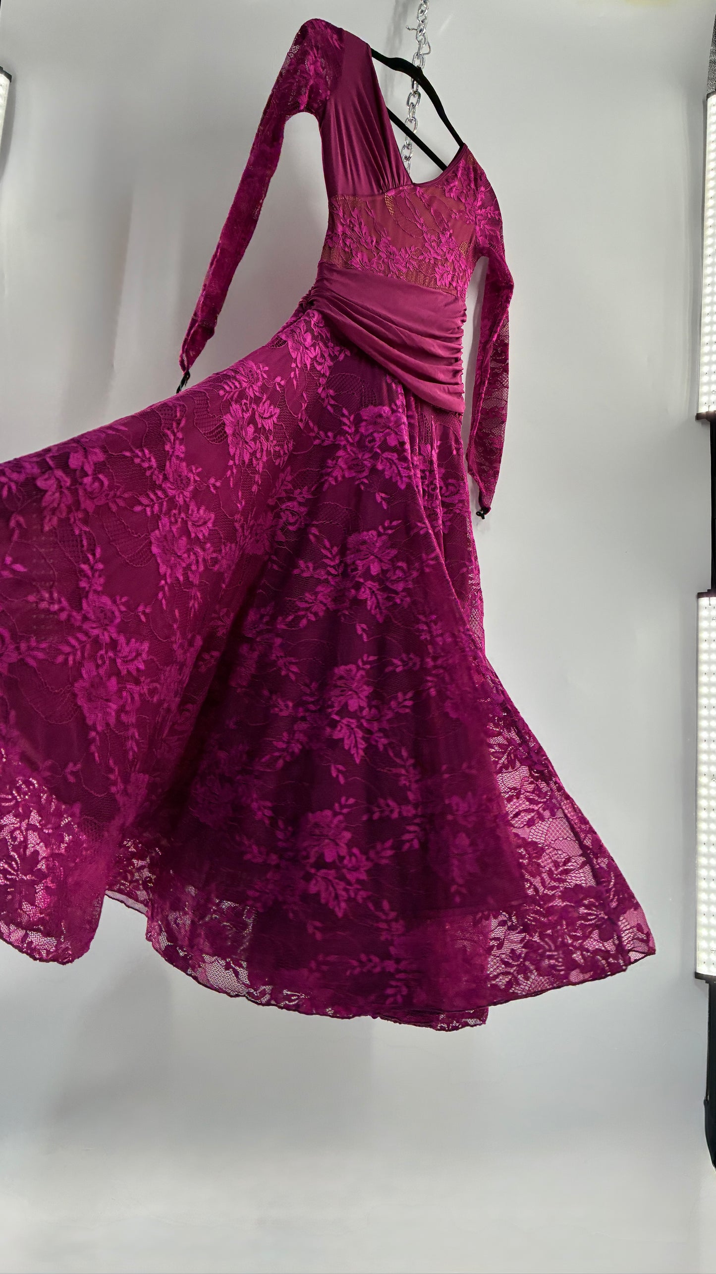 Vintage Fuchsia Flamenco, Lace and Mesh Paneled Gown with Gloved Hand Detail (Small)