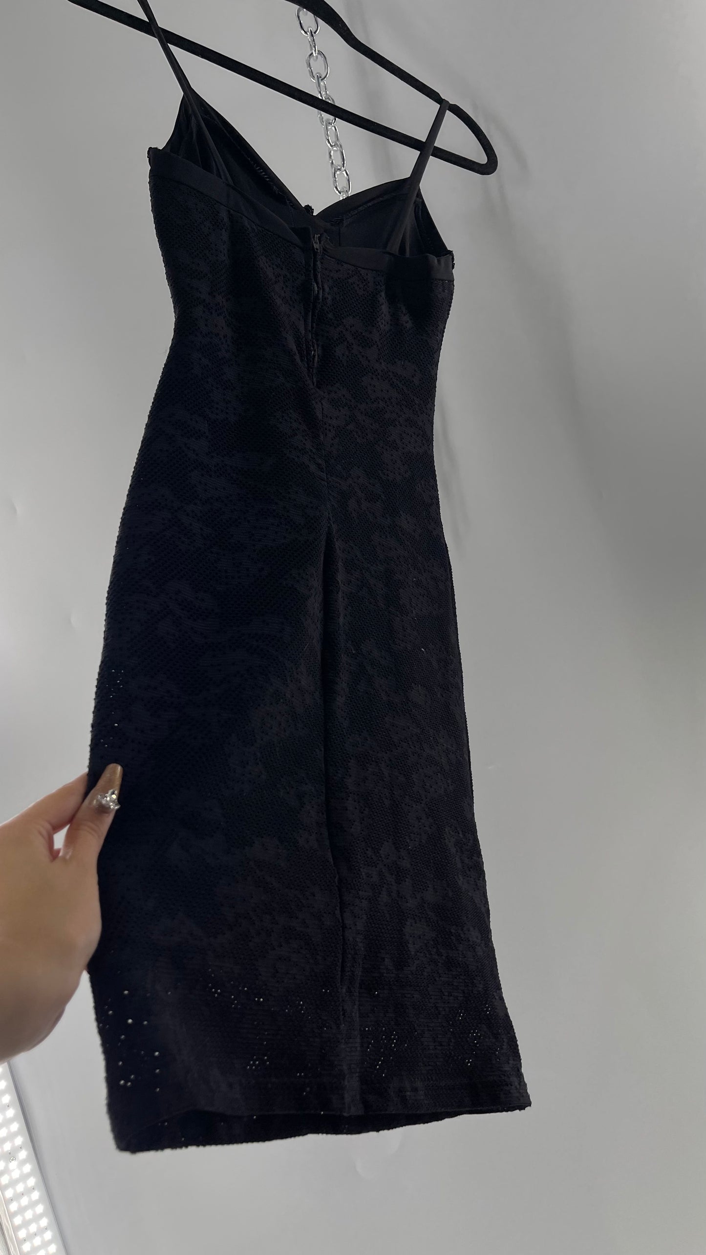 Vintage Black Lace Bodycon Dress with Sequin Underbust Detailing (XS)