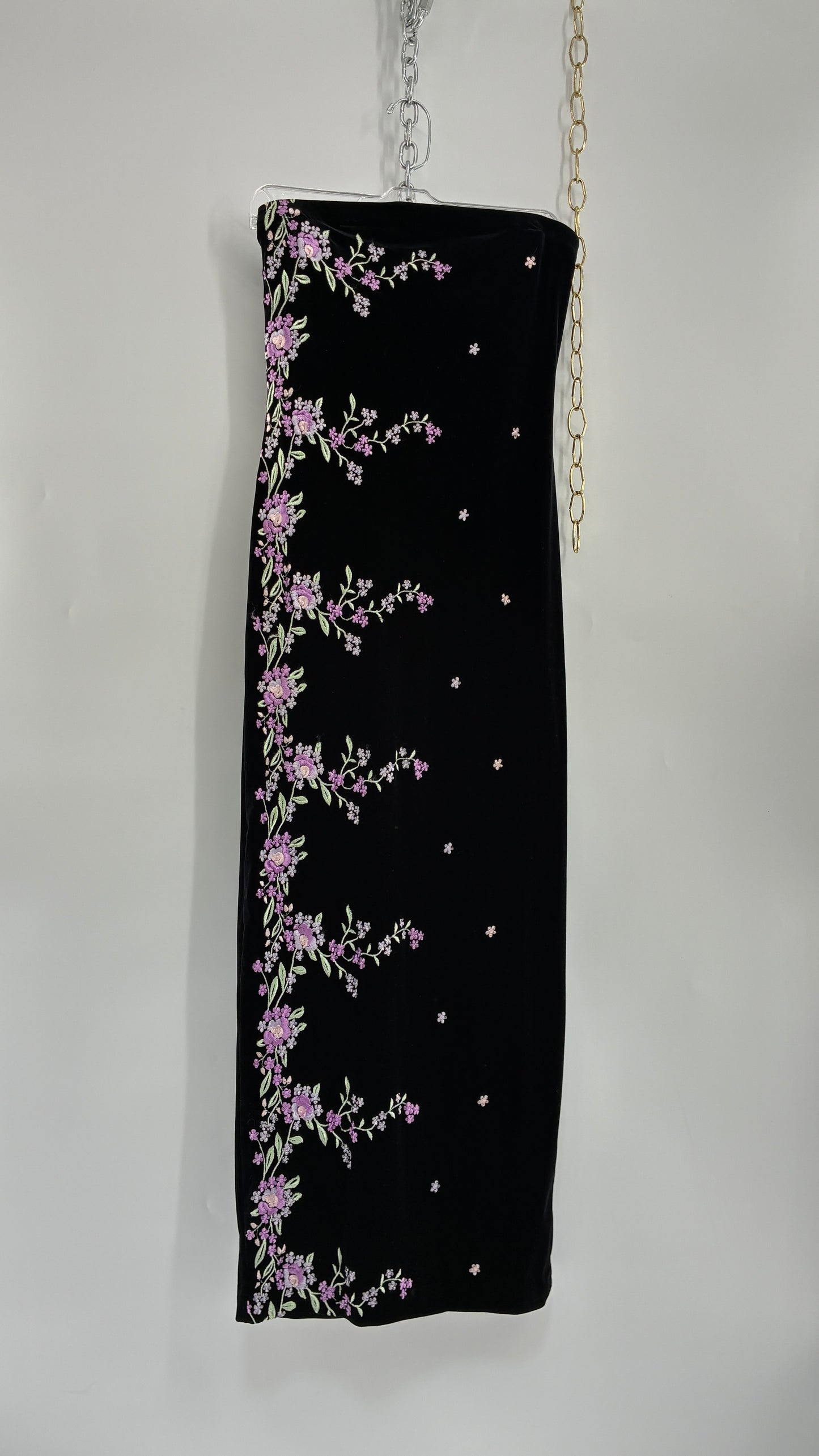 Vintage ROBERTA 1990s Black Velour Strapless Dress with Embroidered Flowers (Medium)