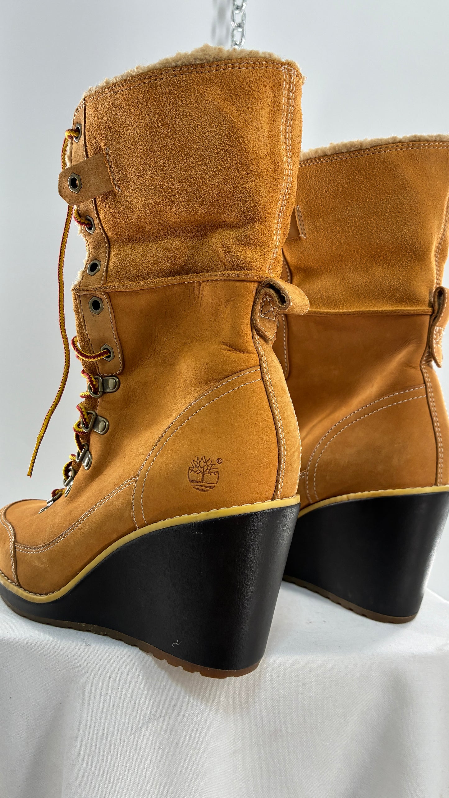 Vintage TIMBERLAND Wedge Boots Suede Leather Tie Up Heels (7.5)