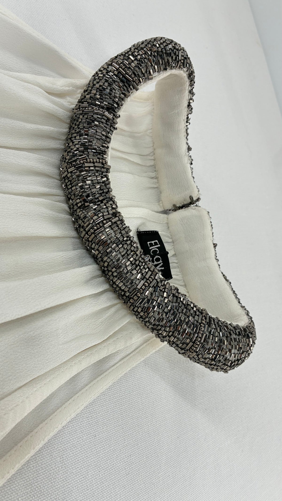 Deadstock Vintage ELOGY High Neck Draping White Top with Gunmetal Beaded Choker Neckline and Tags (Small)