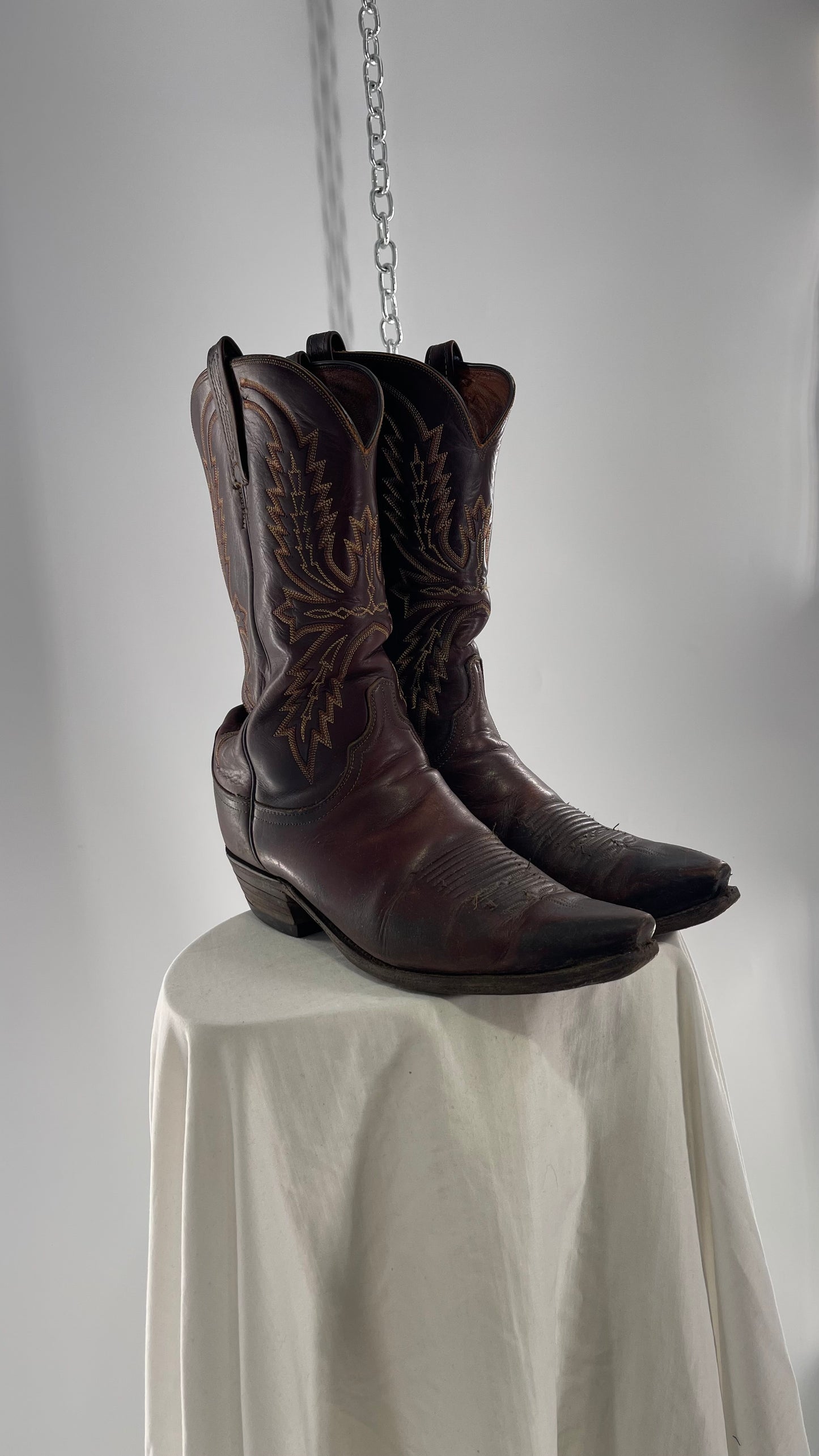 Vintage Men’s 1883 Luchesse Lived In Brown Cognac Leather Pointed Toe Cowboy Boots with Embroidery (12)