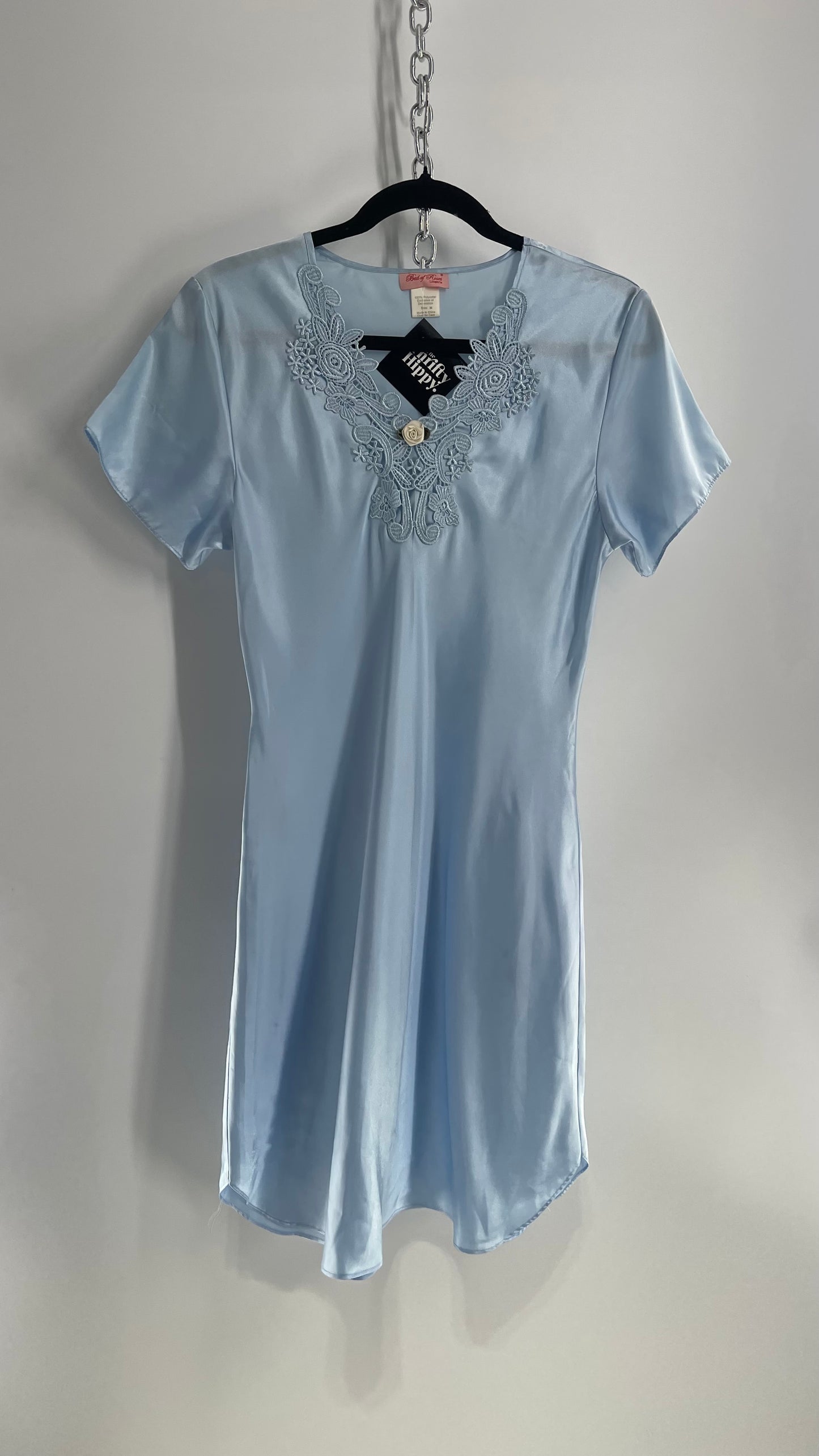 Vintage Bed of Roses Baby Blue Silky Dress with Lace Neckline (Medium)