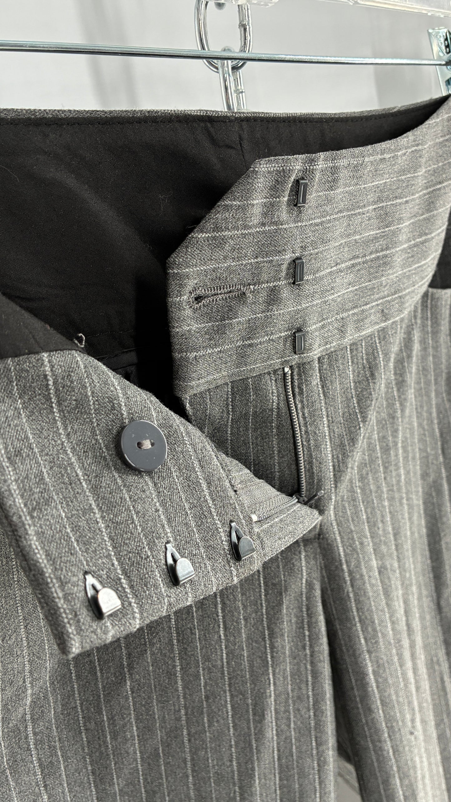 Vintage 1990s EXPRESS Editor Dark Grey Pinstripe  Ultra Low Rise Thick Hip Band Kick Flares (2)