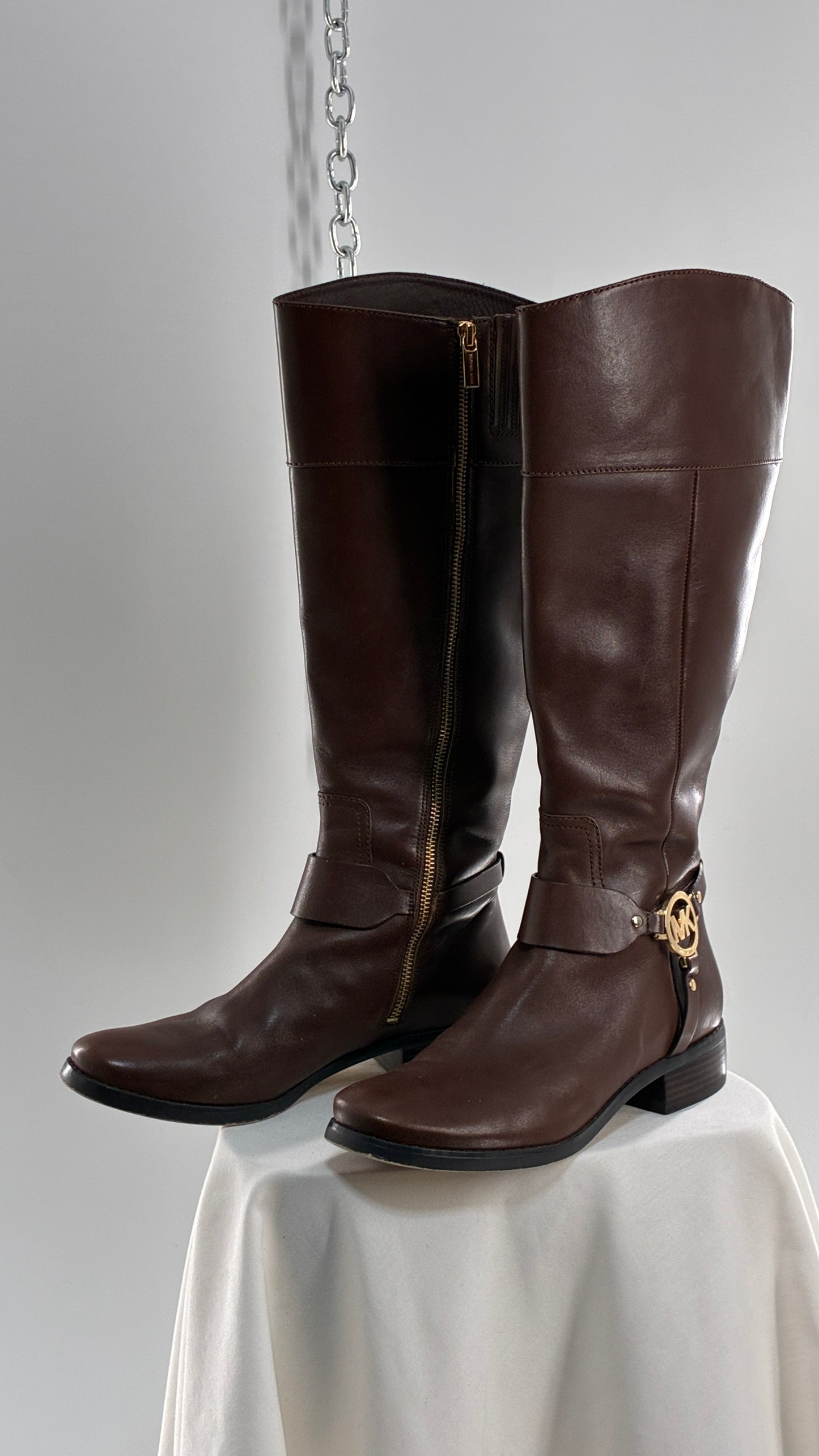 Vintage MICHAEL KORS Knee High Brown Genuine Leather Moto Boot with Gold Detailing (9)