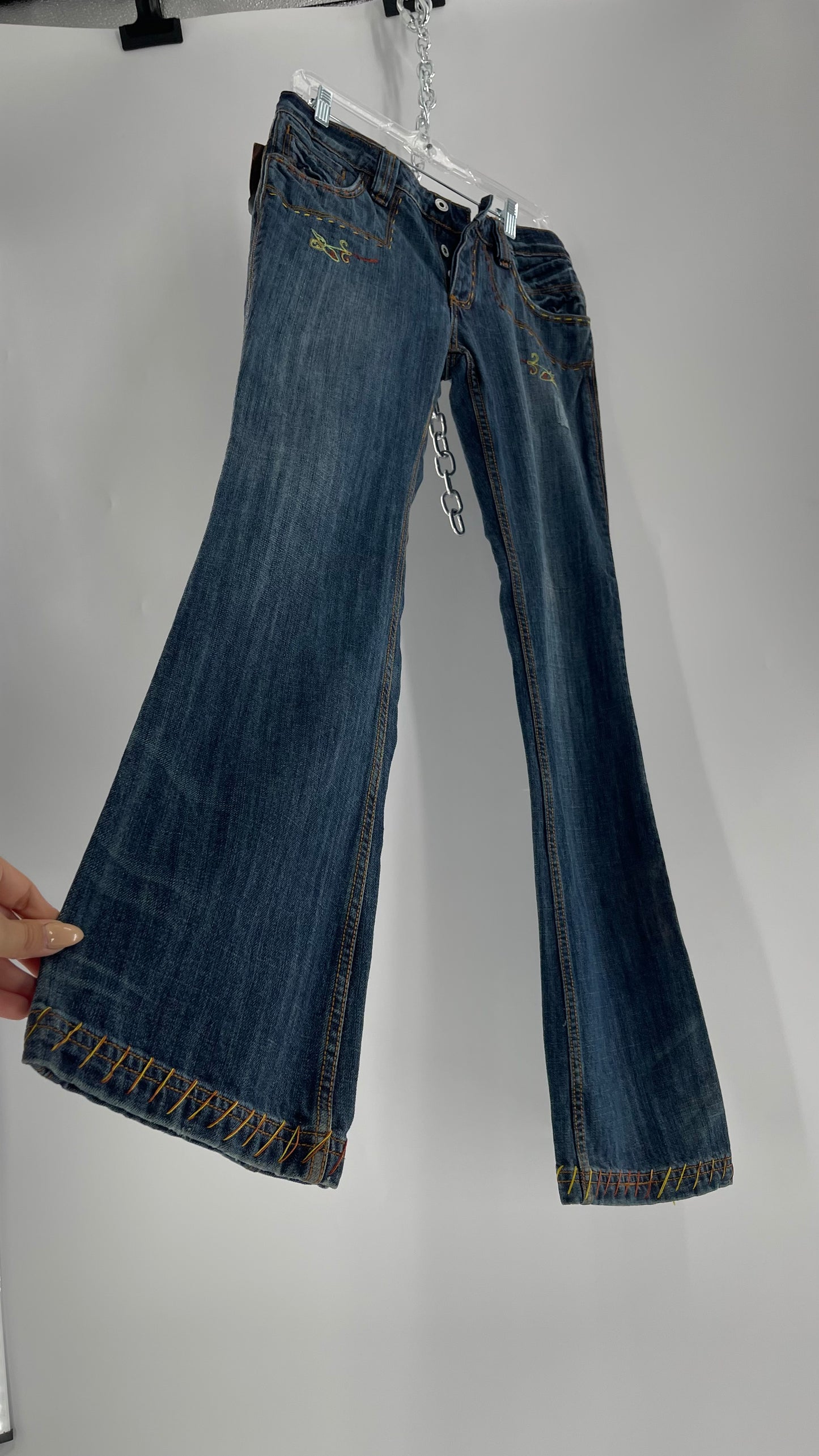 Vintage RARE Antik Denim Kick Flares with Embroidered Flower Design and Contrast Stitching (28)