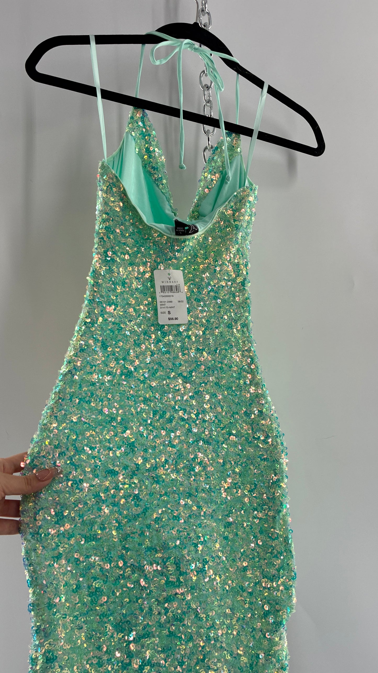 WINDSOR Aqua Blue Sequin Mini Dress with Draping Bustline and Tags (Small)